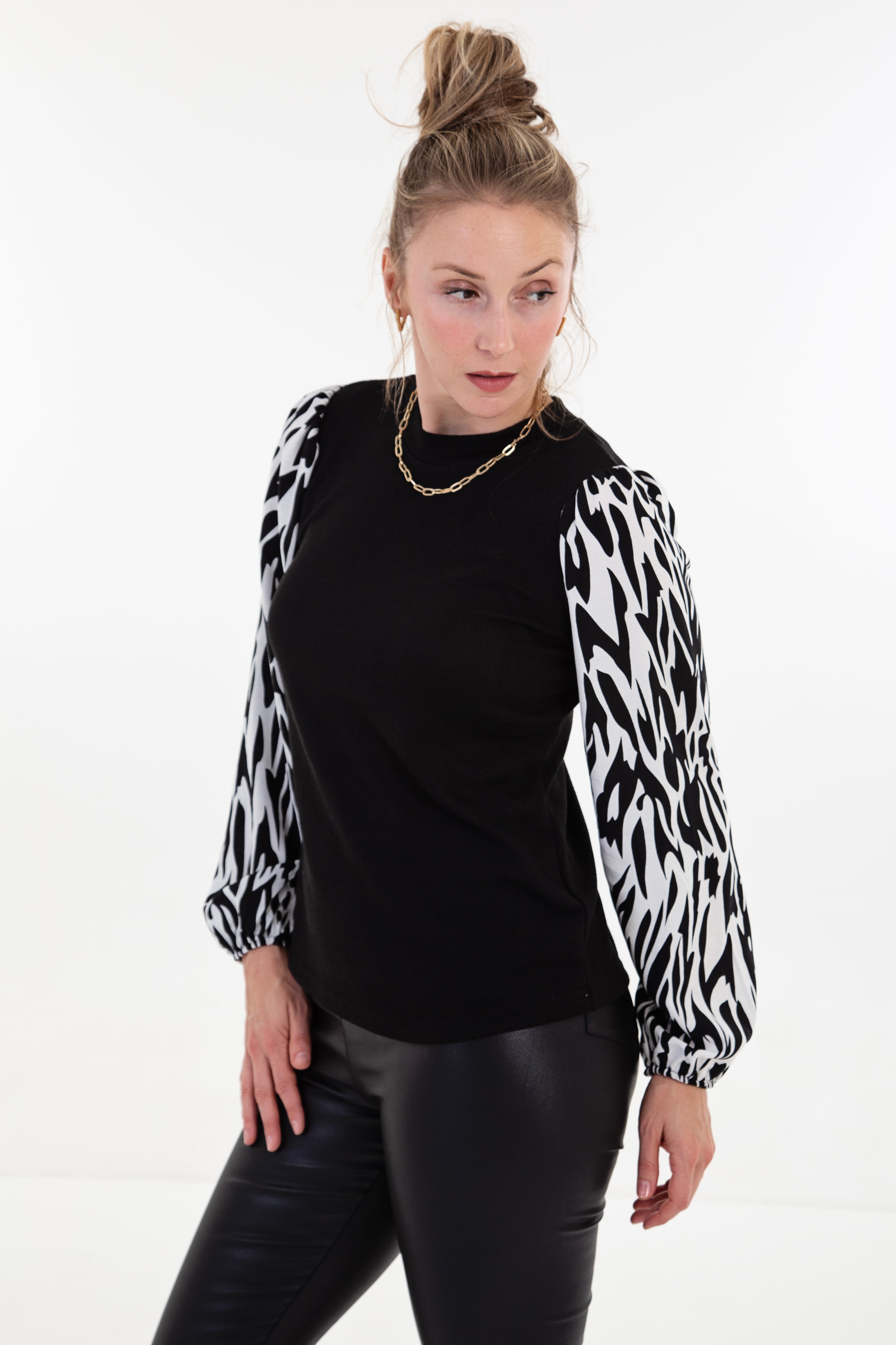 White & Black Abstract Long Sleeve Combo Top