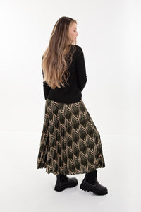 Olive Green Print Pleated Skirt