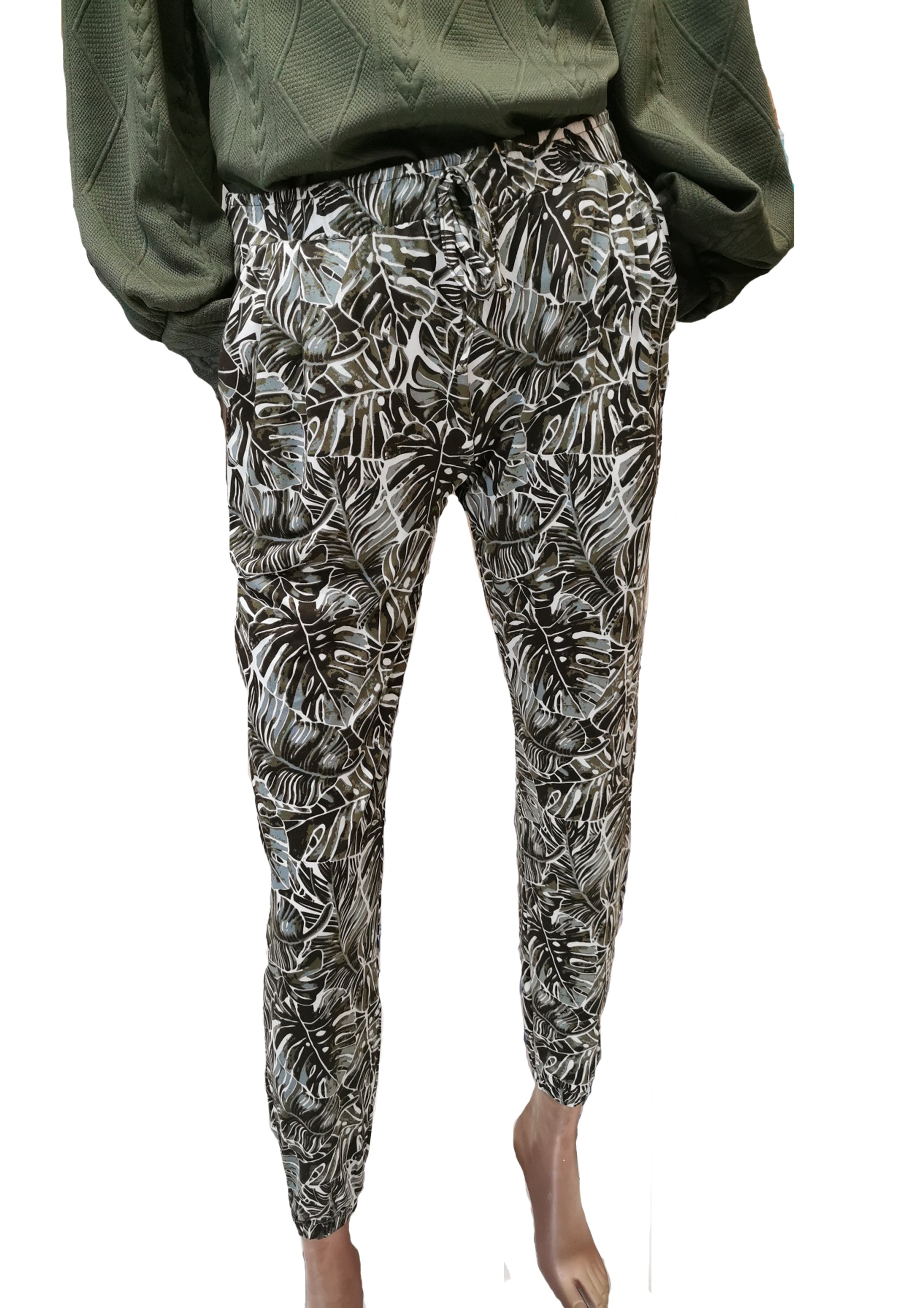 Olive & White Leaf Brushed Knit Joggers