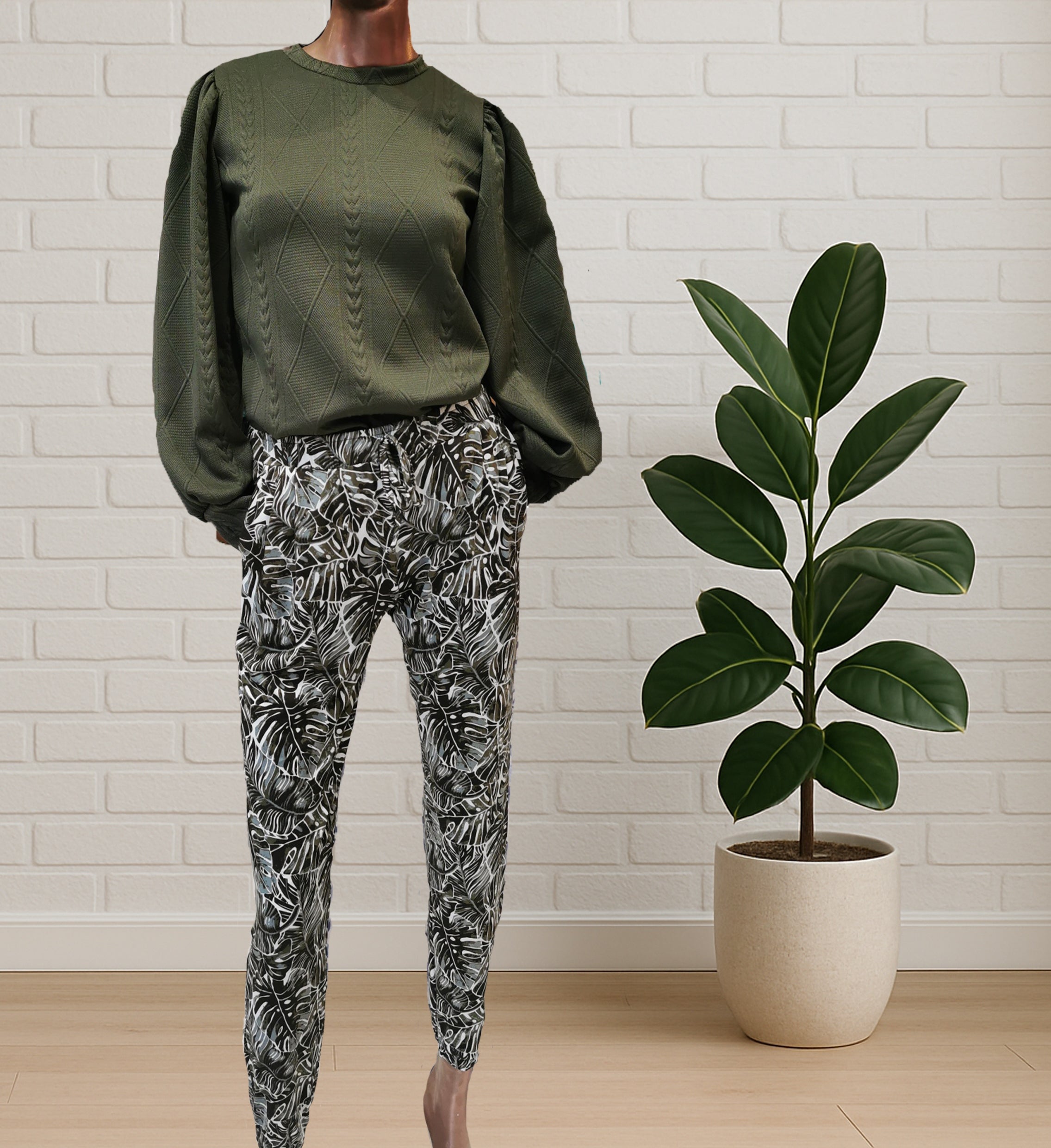 Olive & White Leaf Brushed Knit Joggers