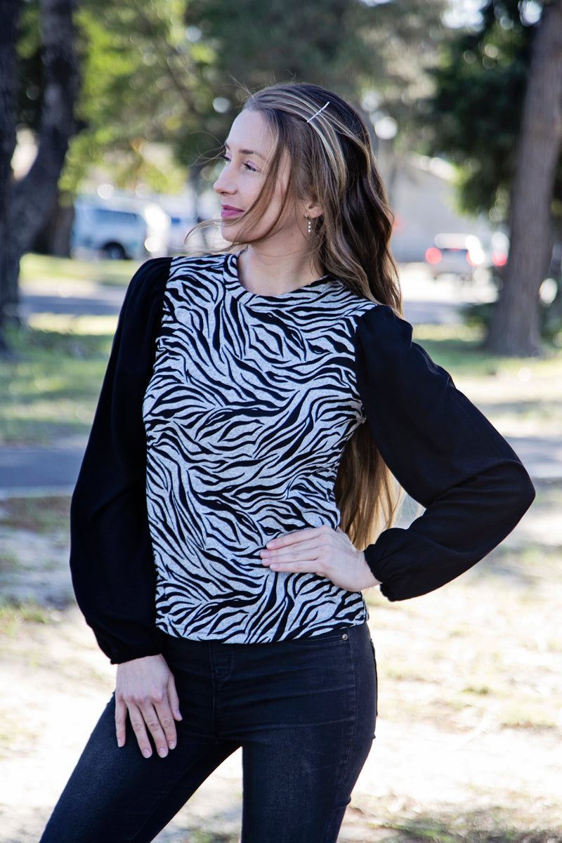 Grey & Black Zebra Print Long Sleeve Combo Top