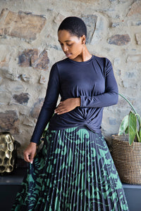 Green & Black Floral Pleated Skirt