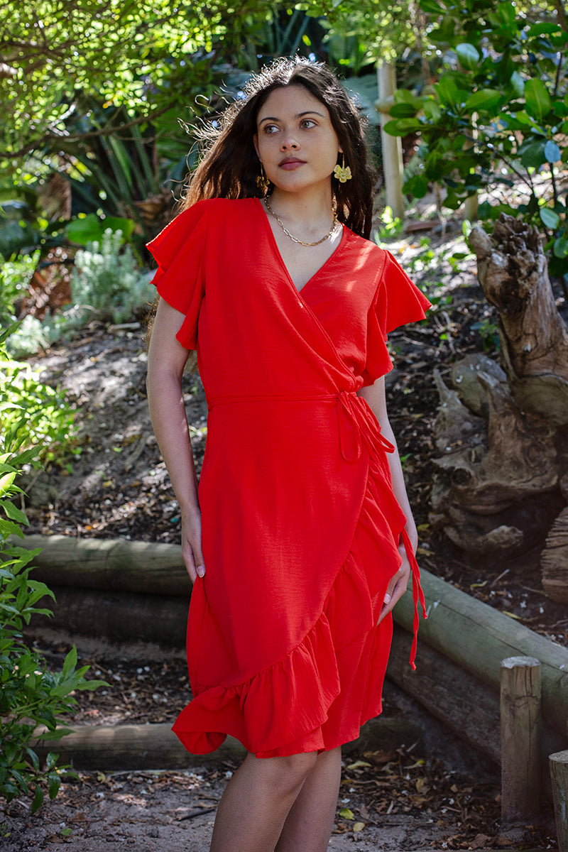 Tangerine Flutter Sleeve Wrap Dress