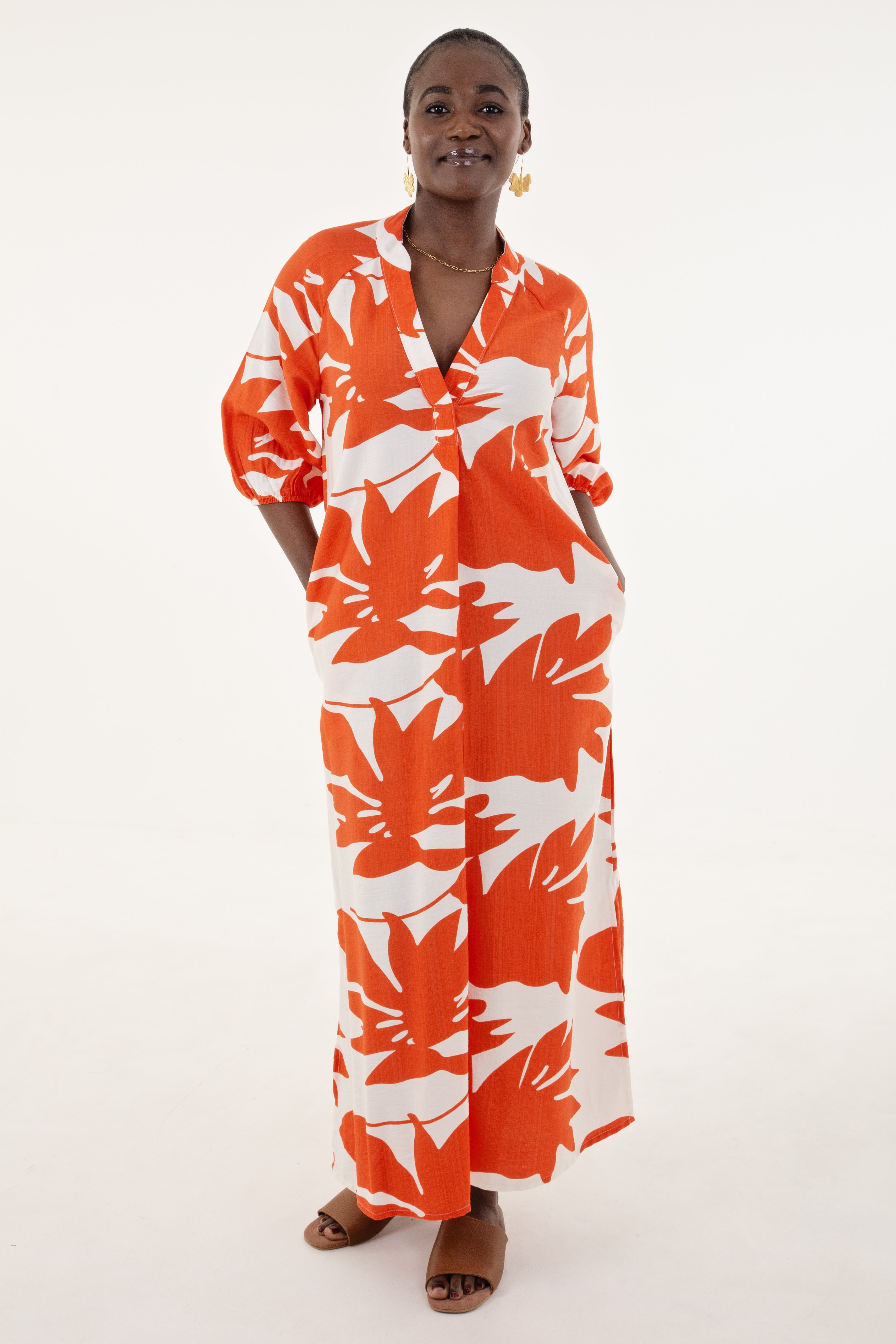 Tangerine & White Floral Tunic Maxi Dress