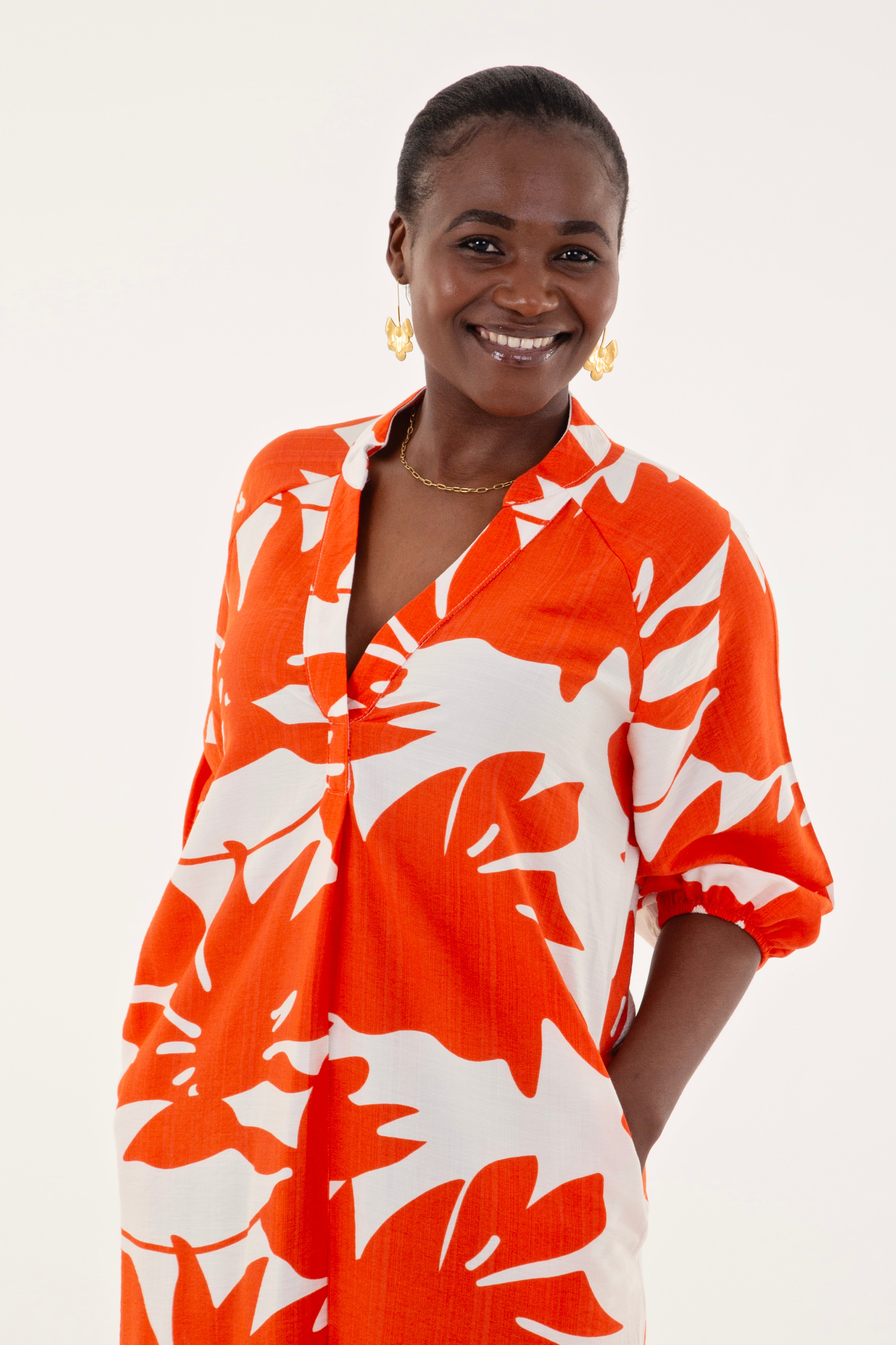Tangerine & White Floral Tunic Maxi Dress