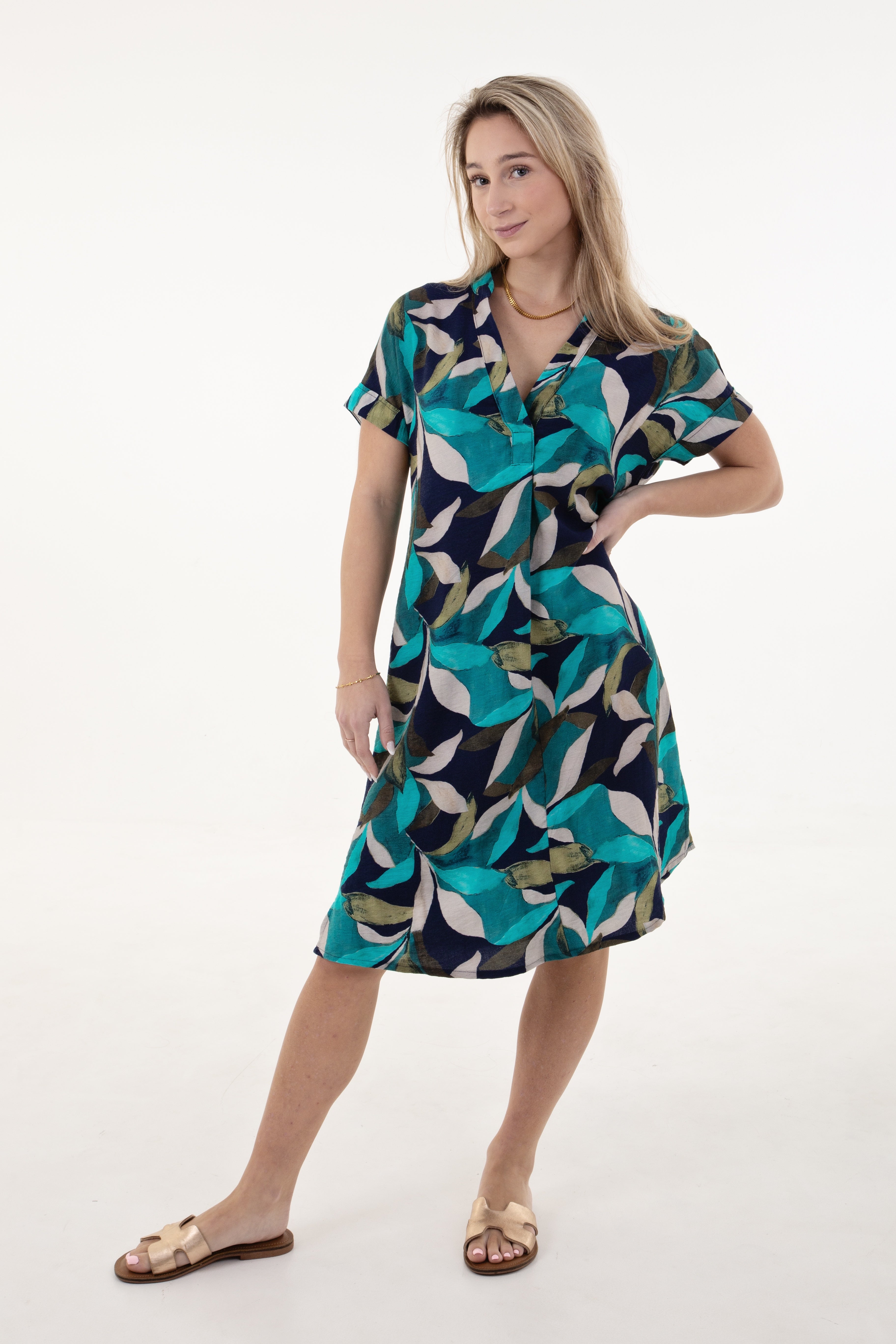 Teal, Green, Navy Leaf Print Tunic Dress