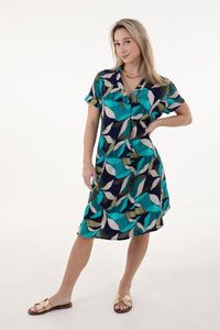 Teal, Green, Navy Leaf Print Tunic Dress