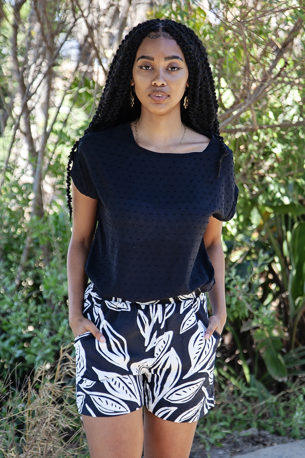 Black & White Leaf Print Shorts