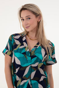 Teal, Green, Navy Leaf Print Tunic Dress