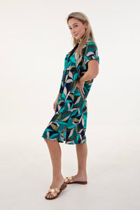 Teal, Green, Navy Leaf Print Tunic Dress