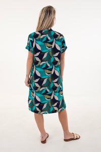 Teal, Green, Navy Leaf Print Tunic Dress
