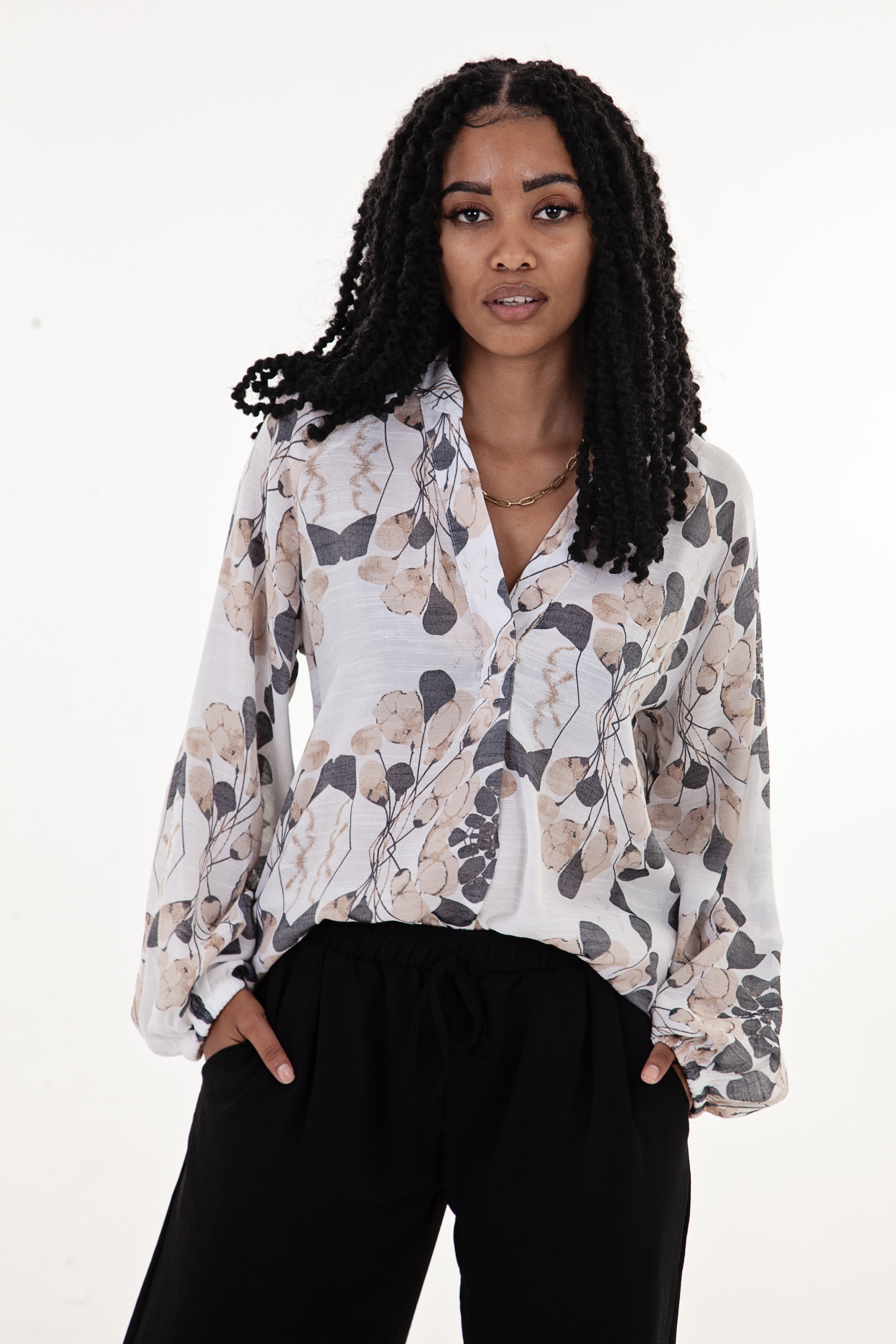Cream Charcoal Beige Print Long Sleeve Blouse