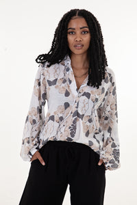 Cream Charcoal Beige Print Long Sleeve Blouse
