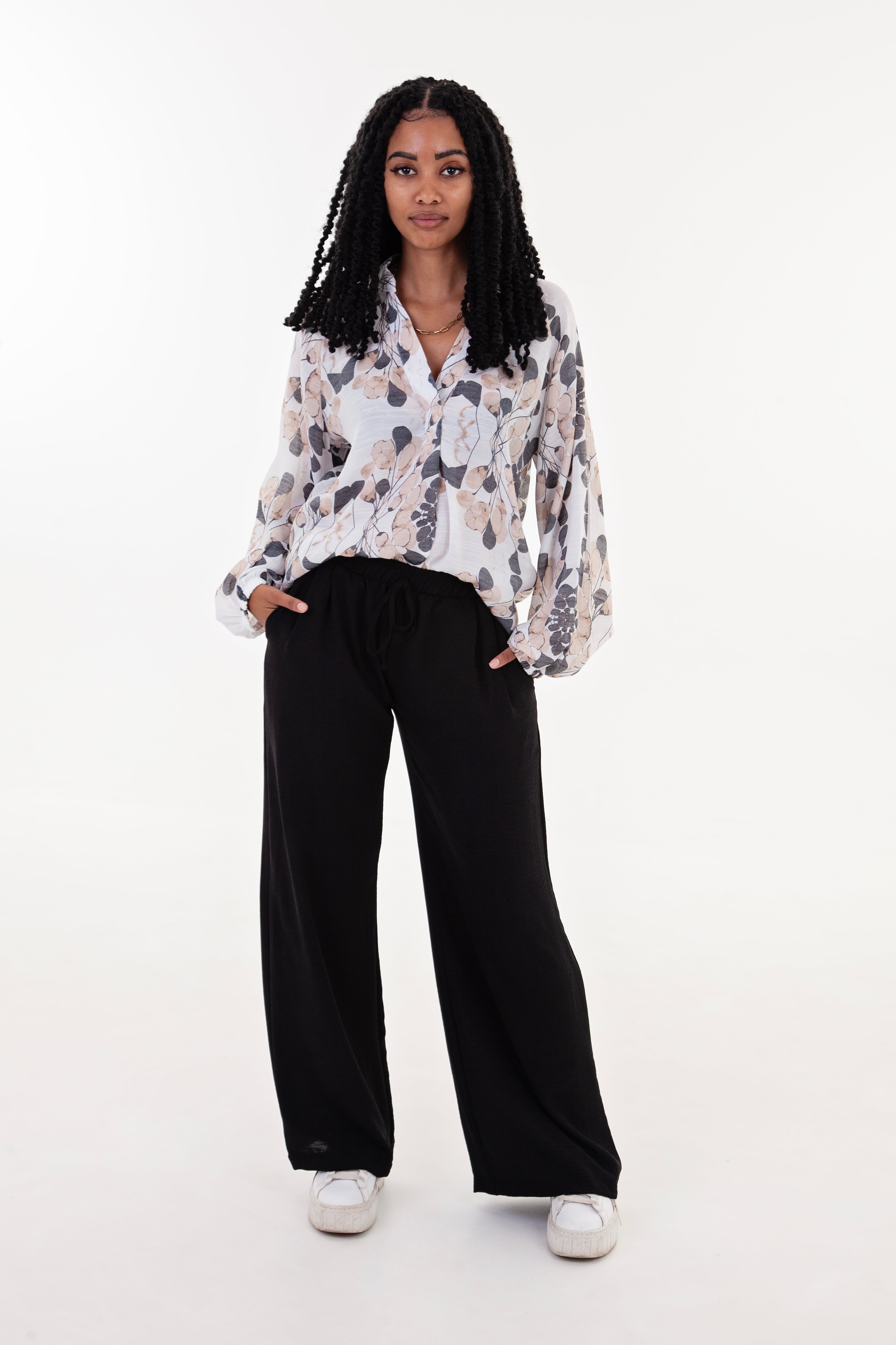 Cream Charcoal Beige Print Long Sleeve Blouse
