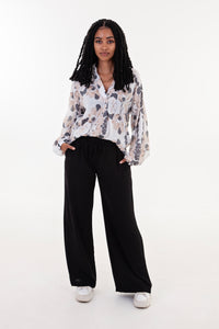 Cream Charcoal Beige Print Long Sleeve Blouse