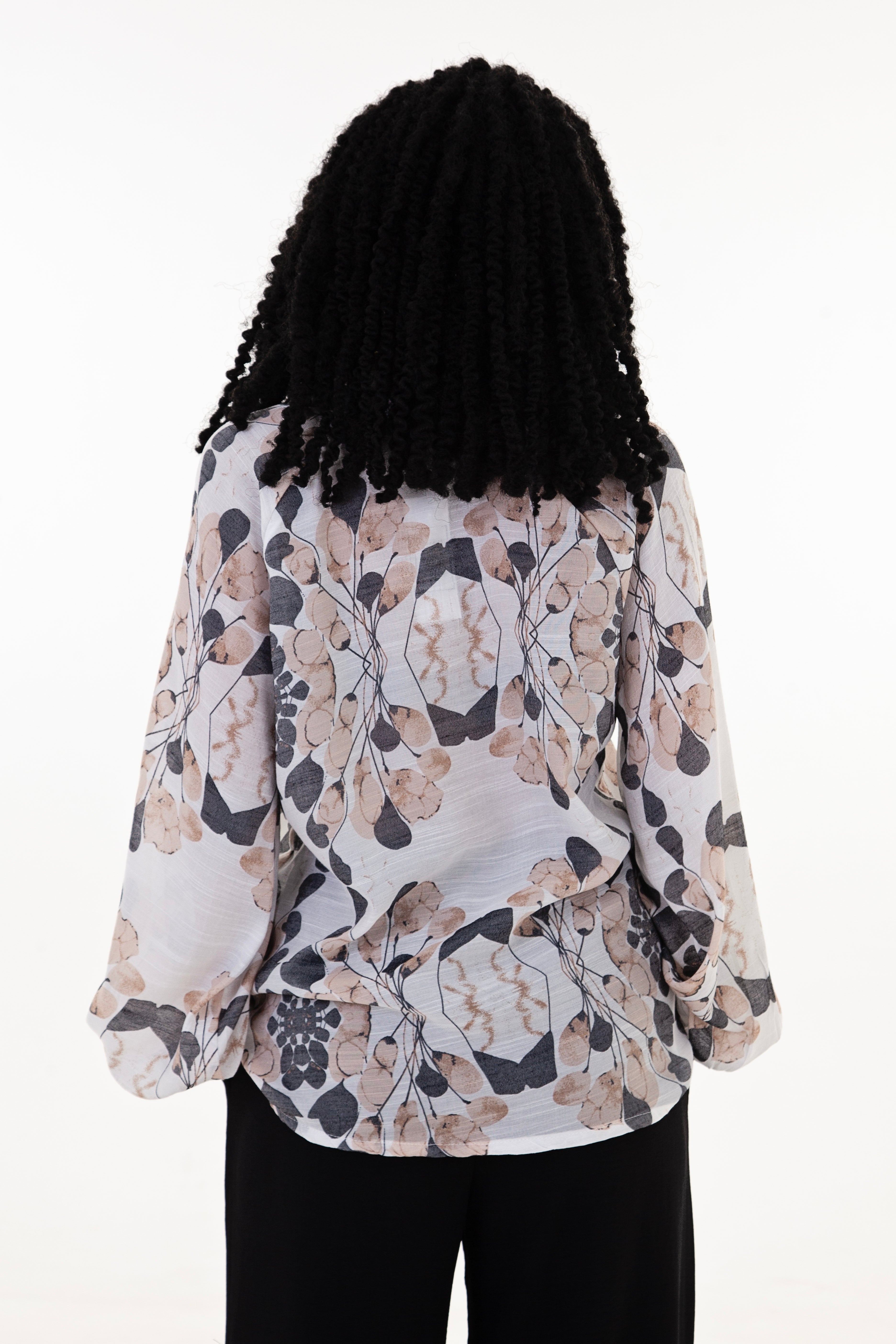 Cream Charcoal Beige Print Long Sleeve Blouse