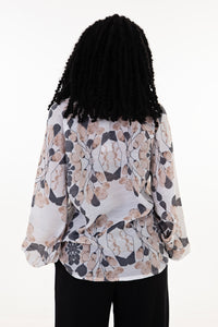 Cream Charcoal Beige Print Long Sleeve Blouse