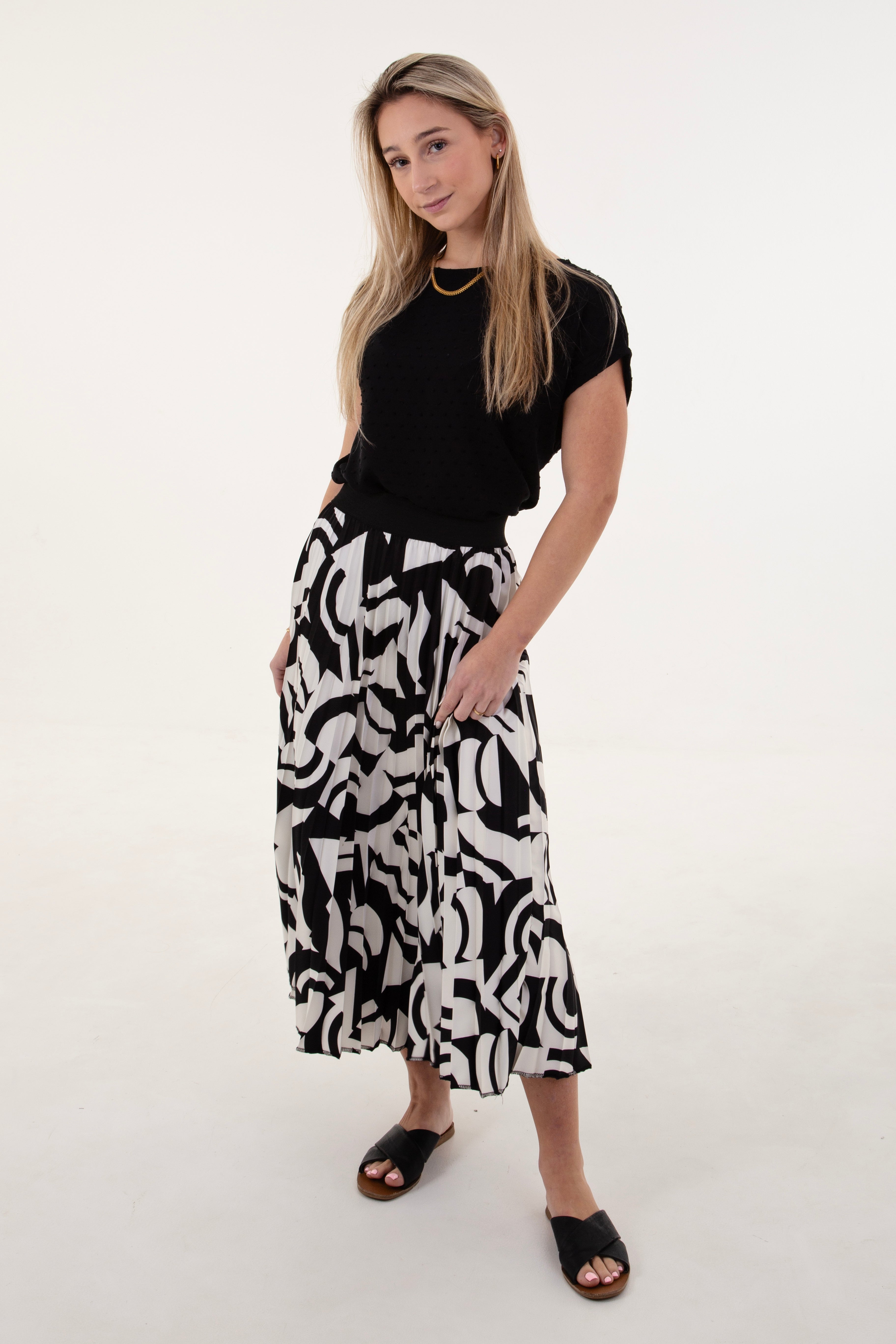 Cream & Black Abstract Pleated Skirt