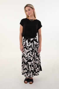 Cream & Black Abstract Pleated Skirt