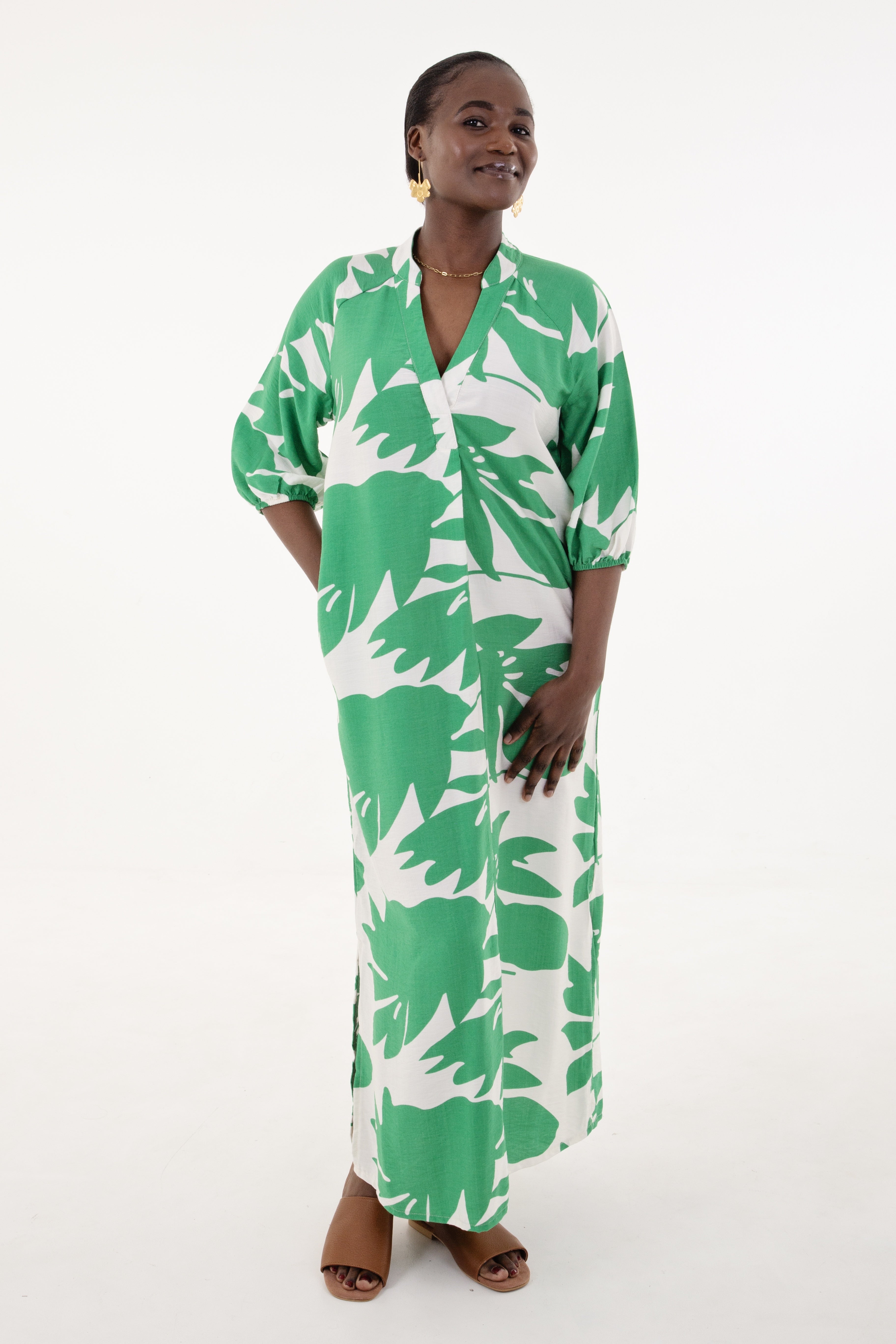 Green & White Floral Tunic Maxi Dress