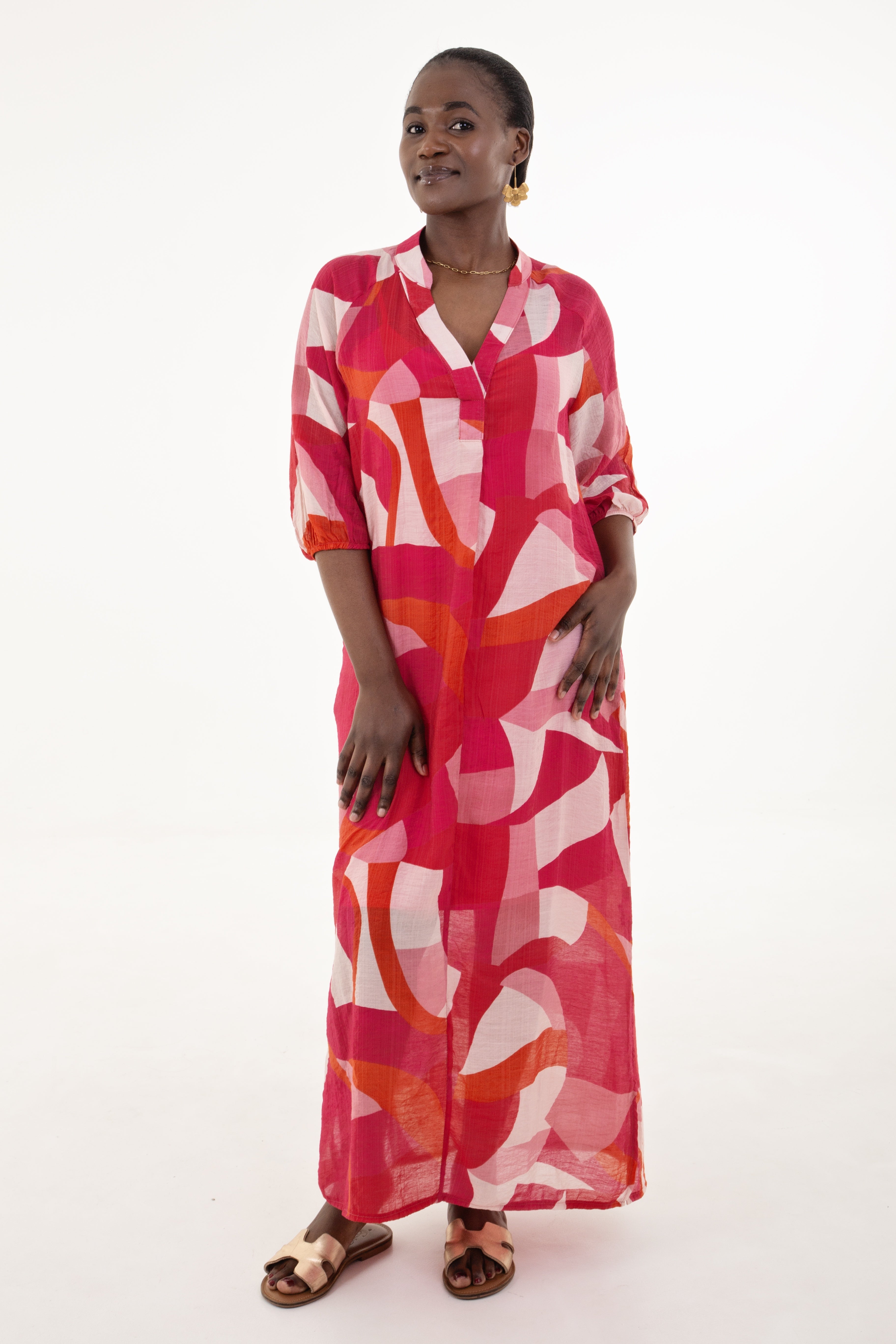 Fuschia Geometric Print Tunic Maxi Dress
