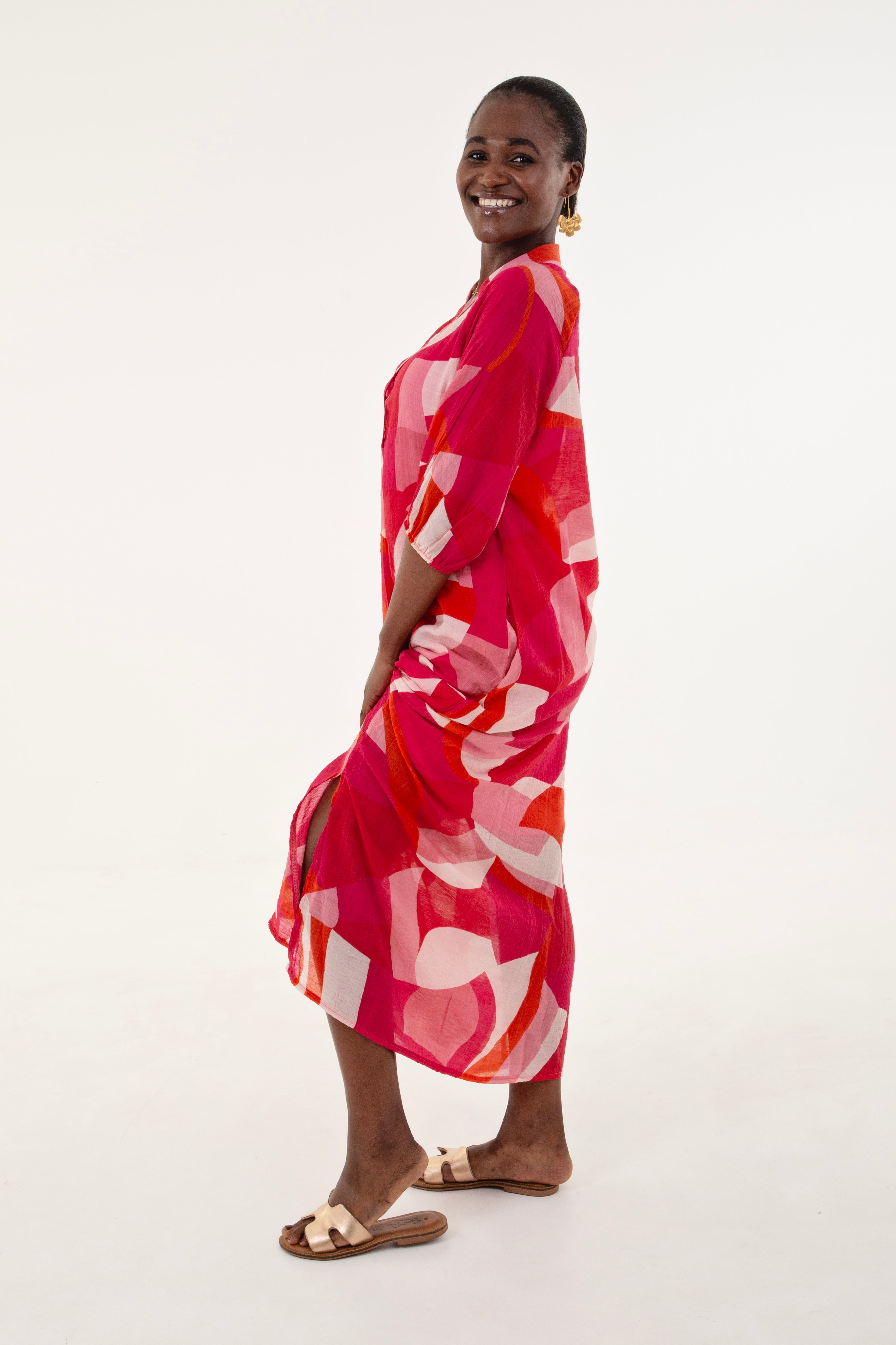 Fuschia Geometric Print Tunic Maxi Dress