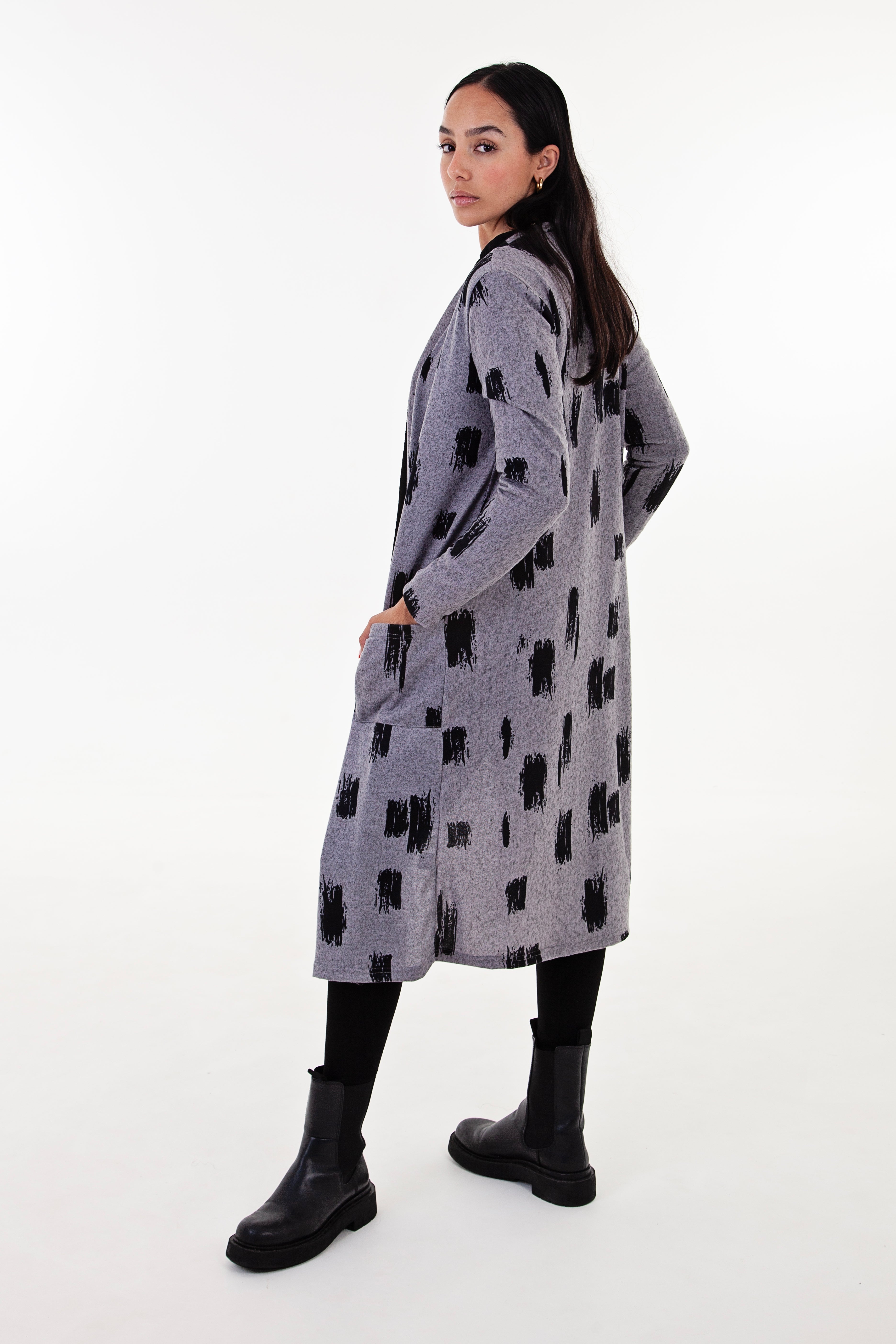 Grey & Black Print Longer Length Cardigan