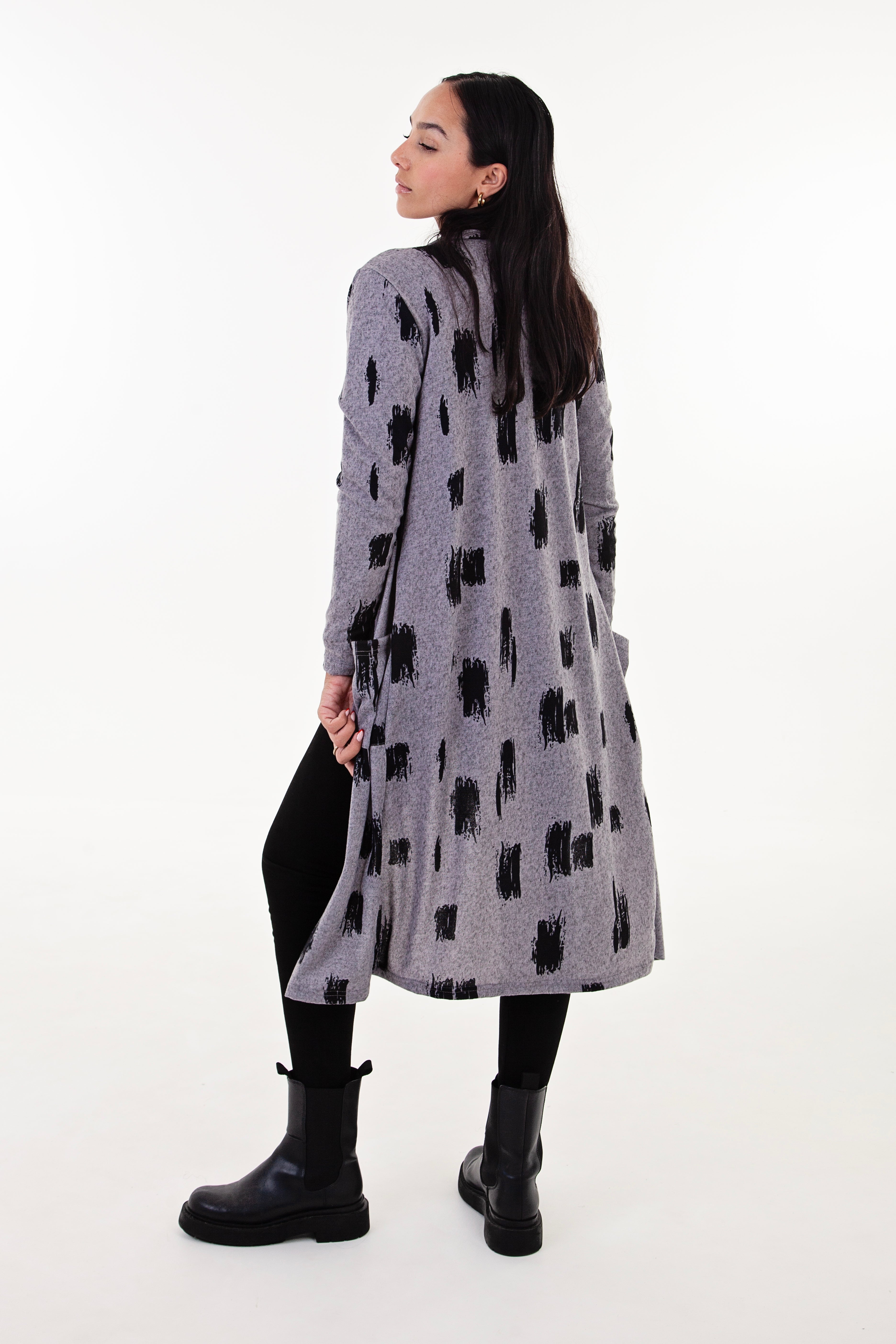 Grey & Black Print Longer Length Cardigan