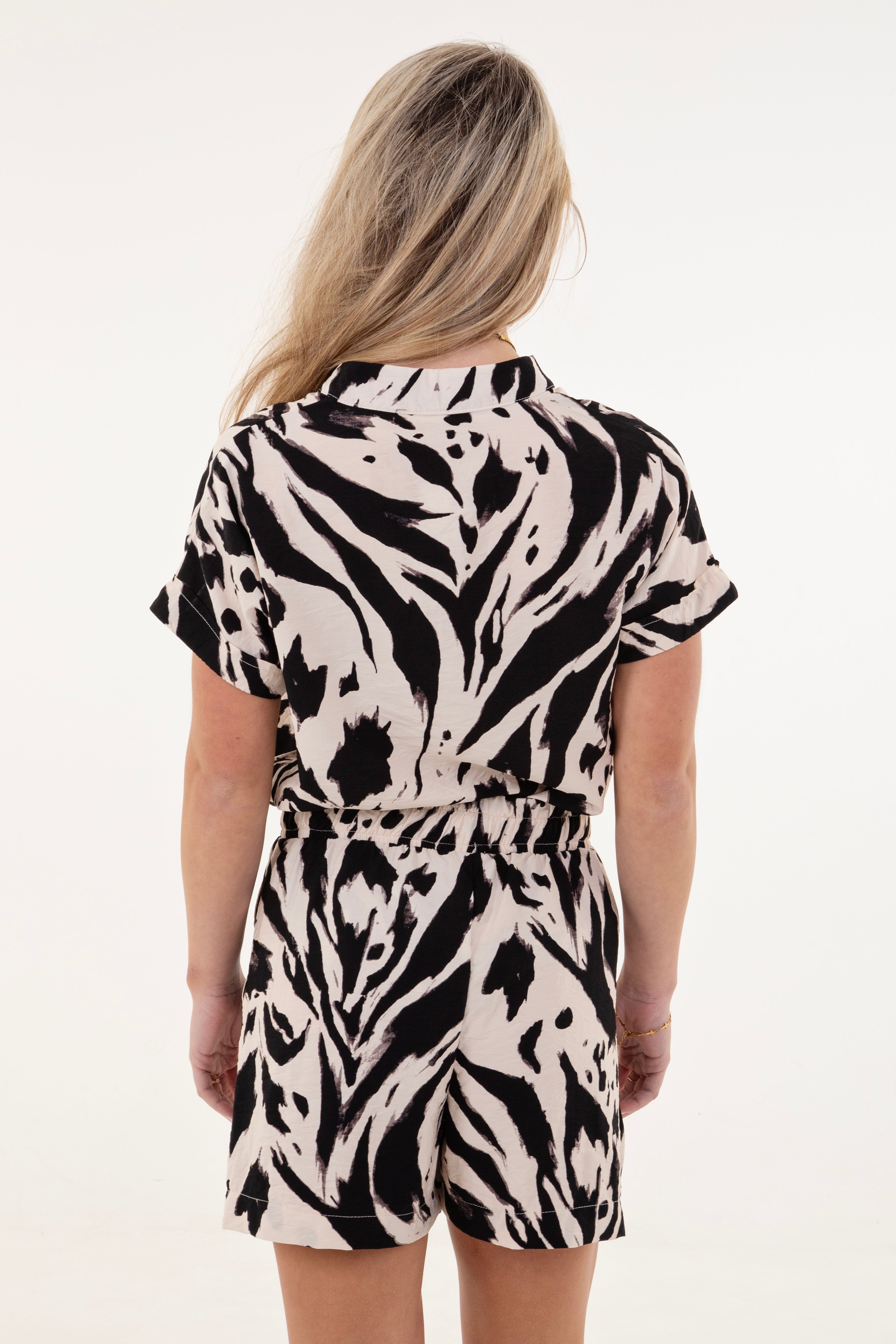 Black & Cream Abstract V-Neck Roll Sleeve Top