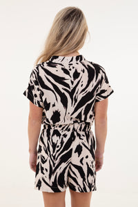 Black & Cream Abstract V-Neck Roll Sleeve Top