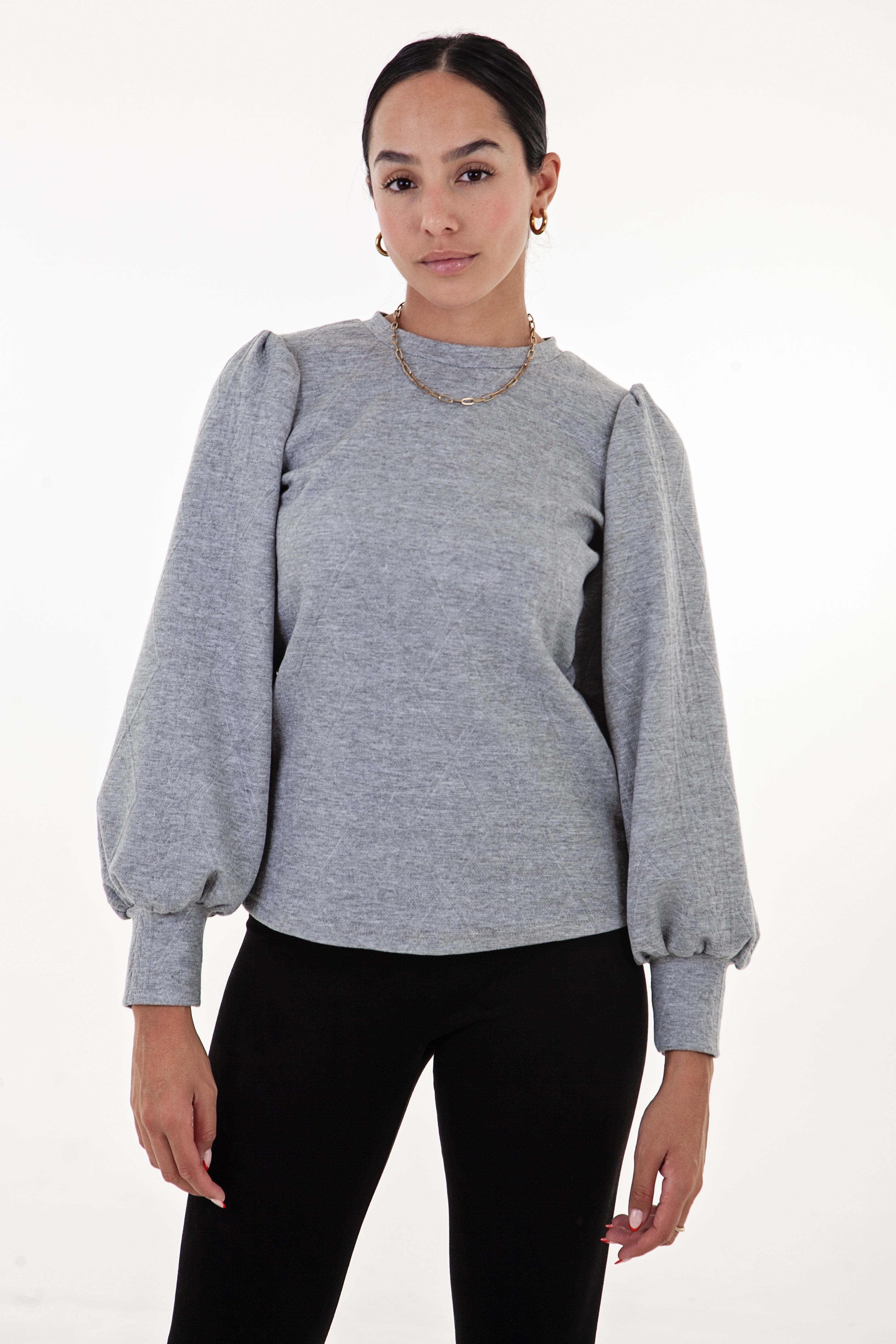 Grey Cable Knit Puff Sleeve Top