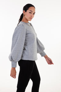 Grey Cable Knit Puff Sleeve Top
