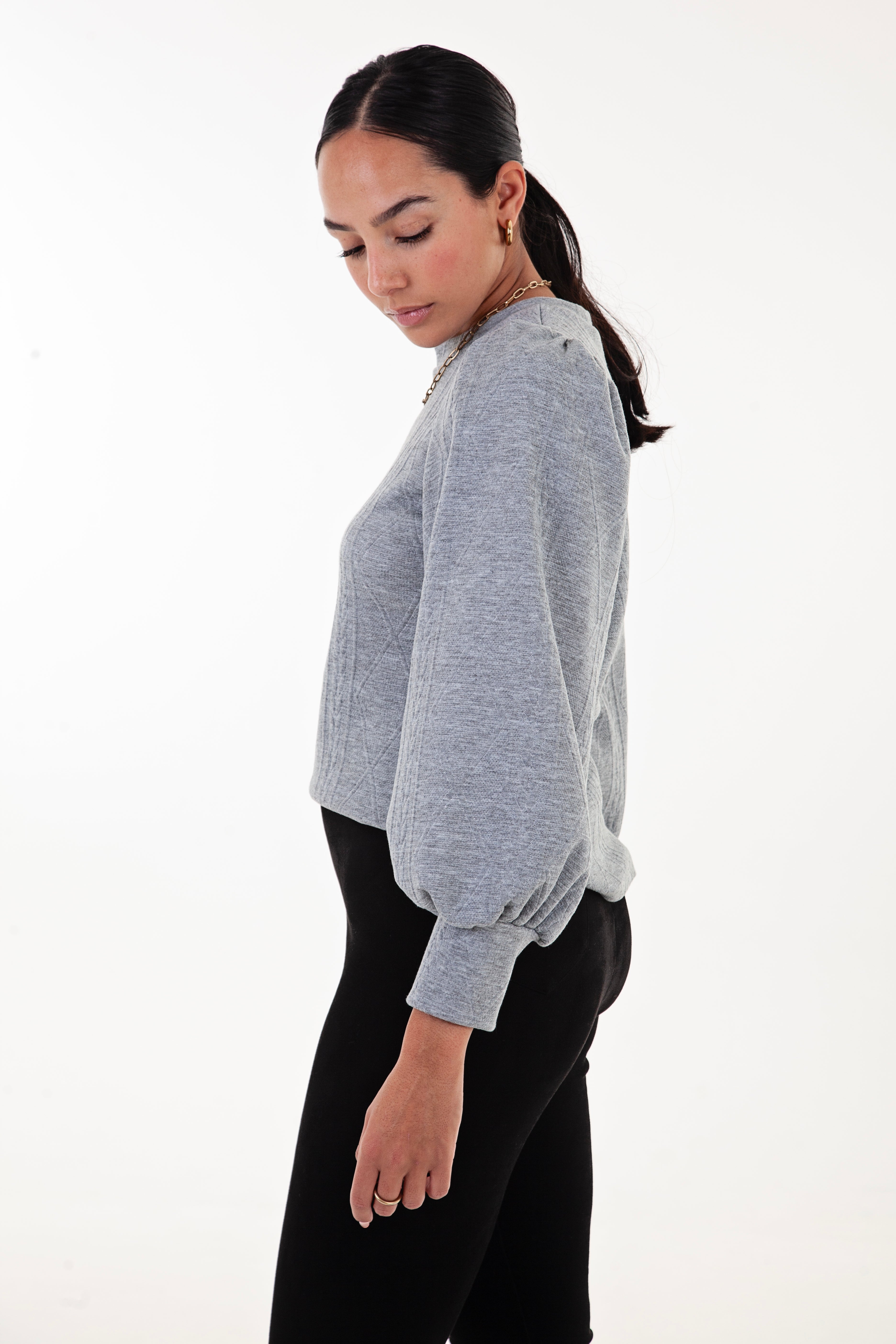 Grey Cable Knit Puff Sleeve Top