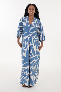 Blue and Cream abstract Maxi Tunic Dress