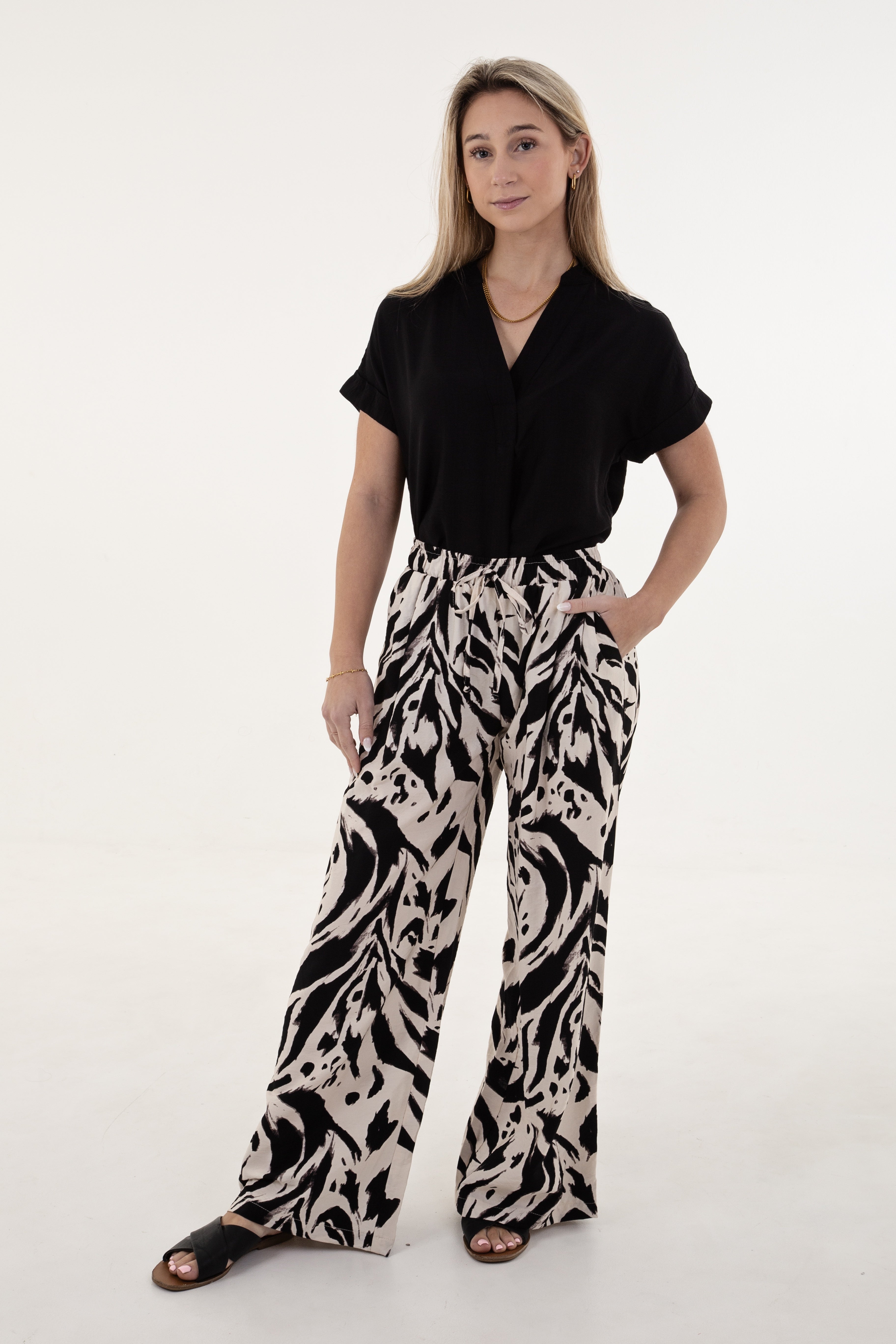 Black & Cream Abstract Wide Leg Pants