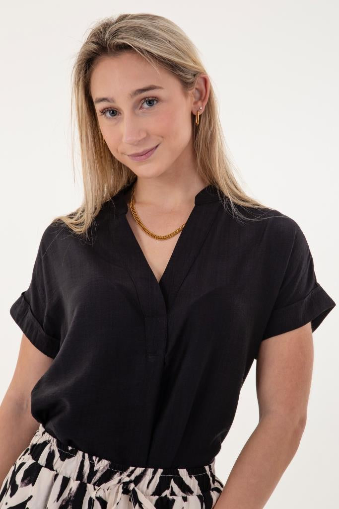 Black Rayon Nylon V-Neck Roll Sleeve Top