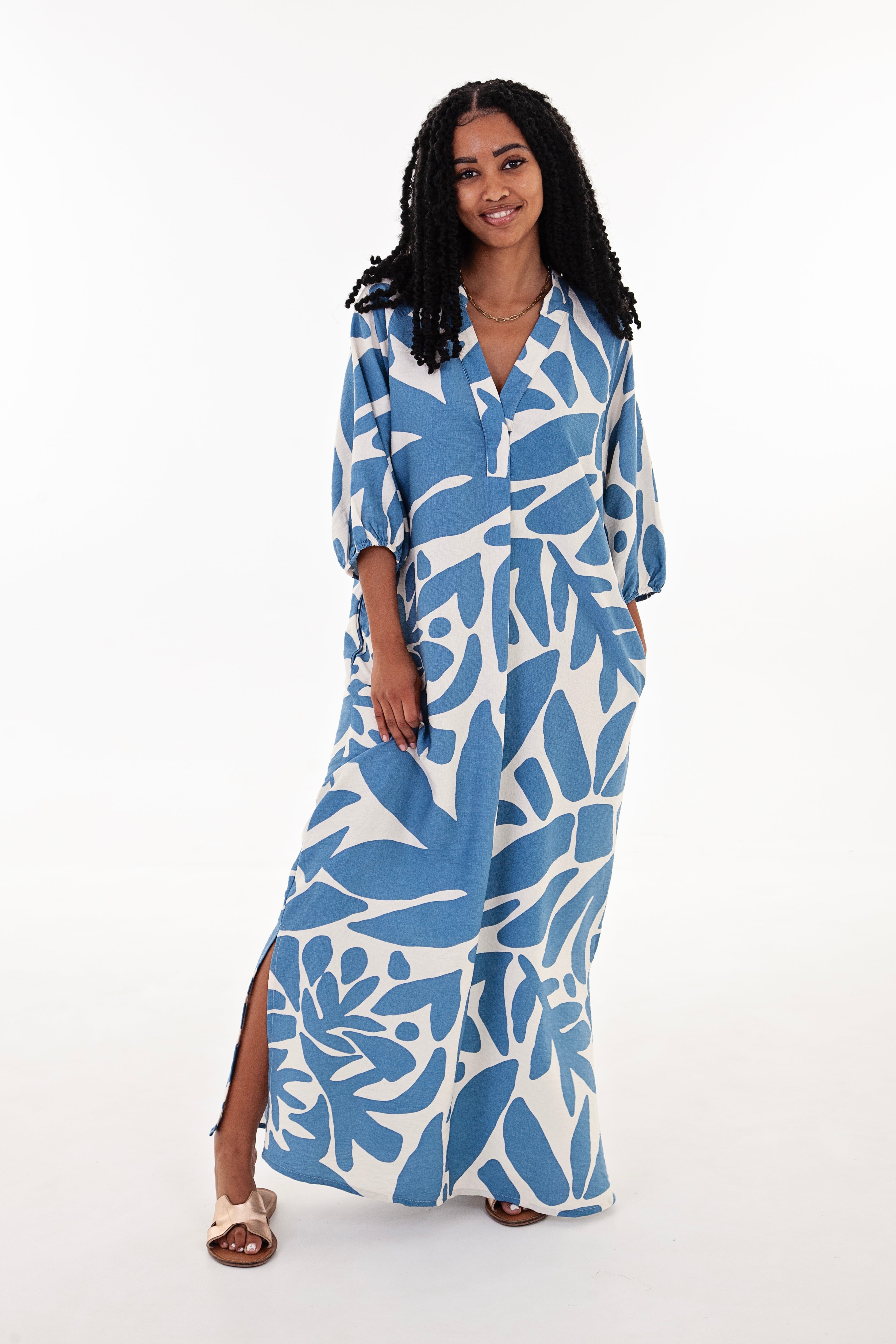 Blue and Cream abstract Maxi Tunic Dress