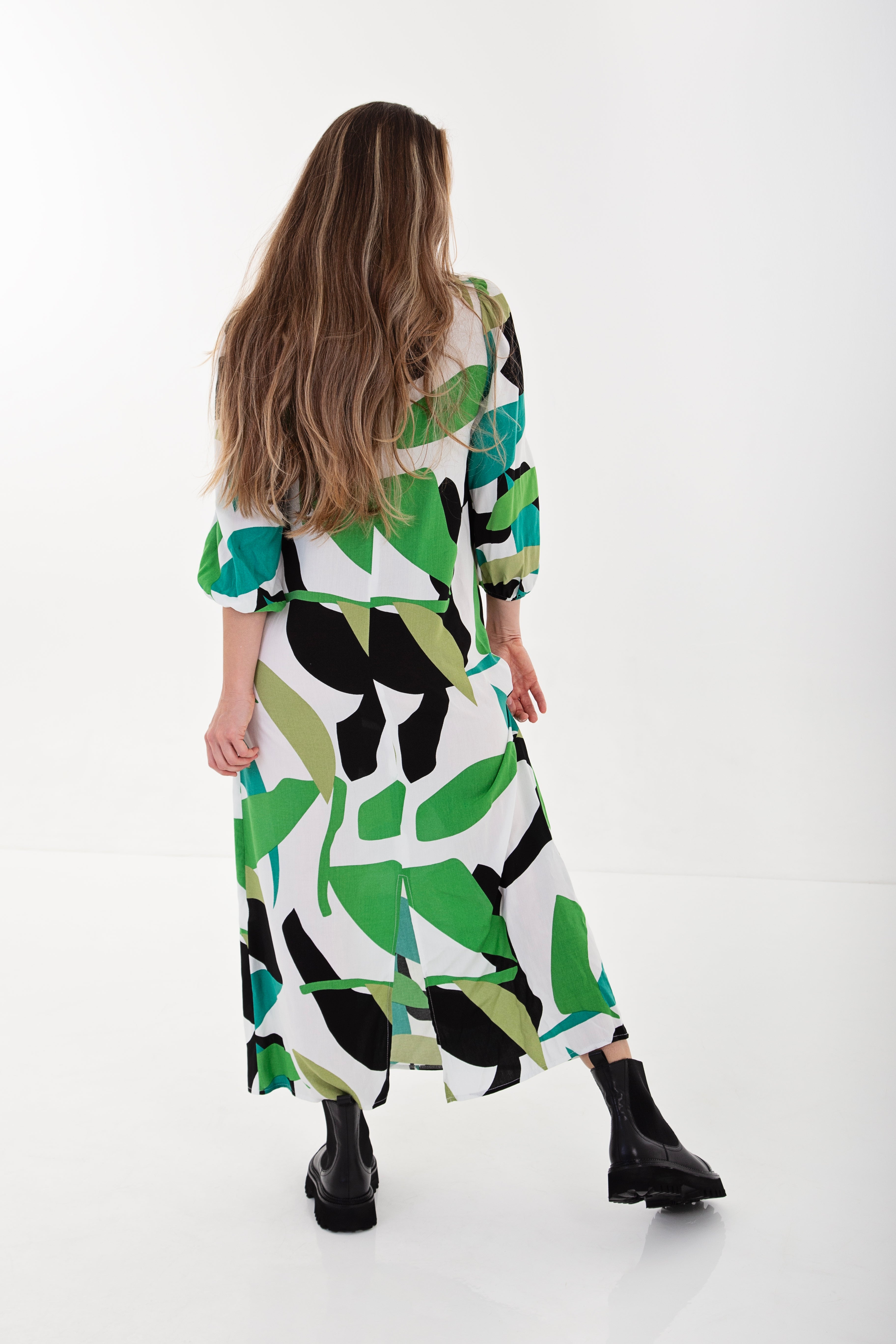 White, Green, Black Abstract Maxi Dress