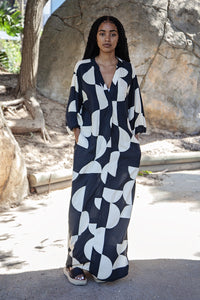 Black & Cream Geo Print Tunic Maxi Dress