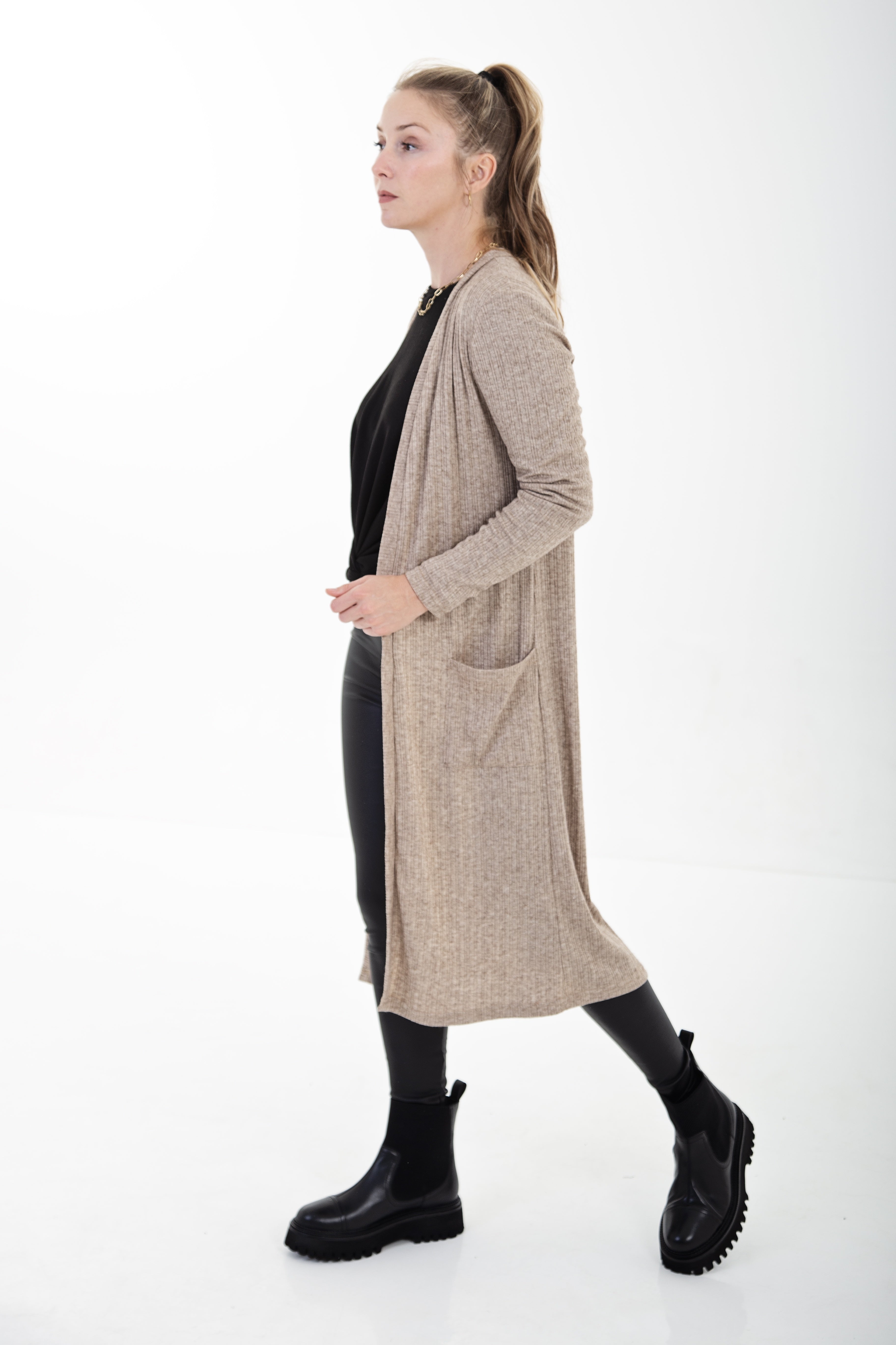 Taupe Rib Knit Longer Length Cardigan