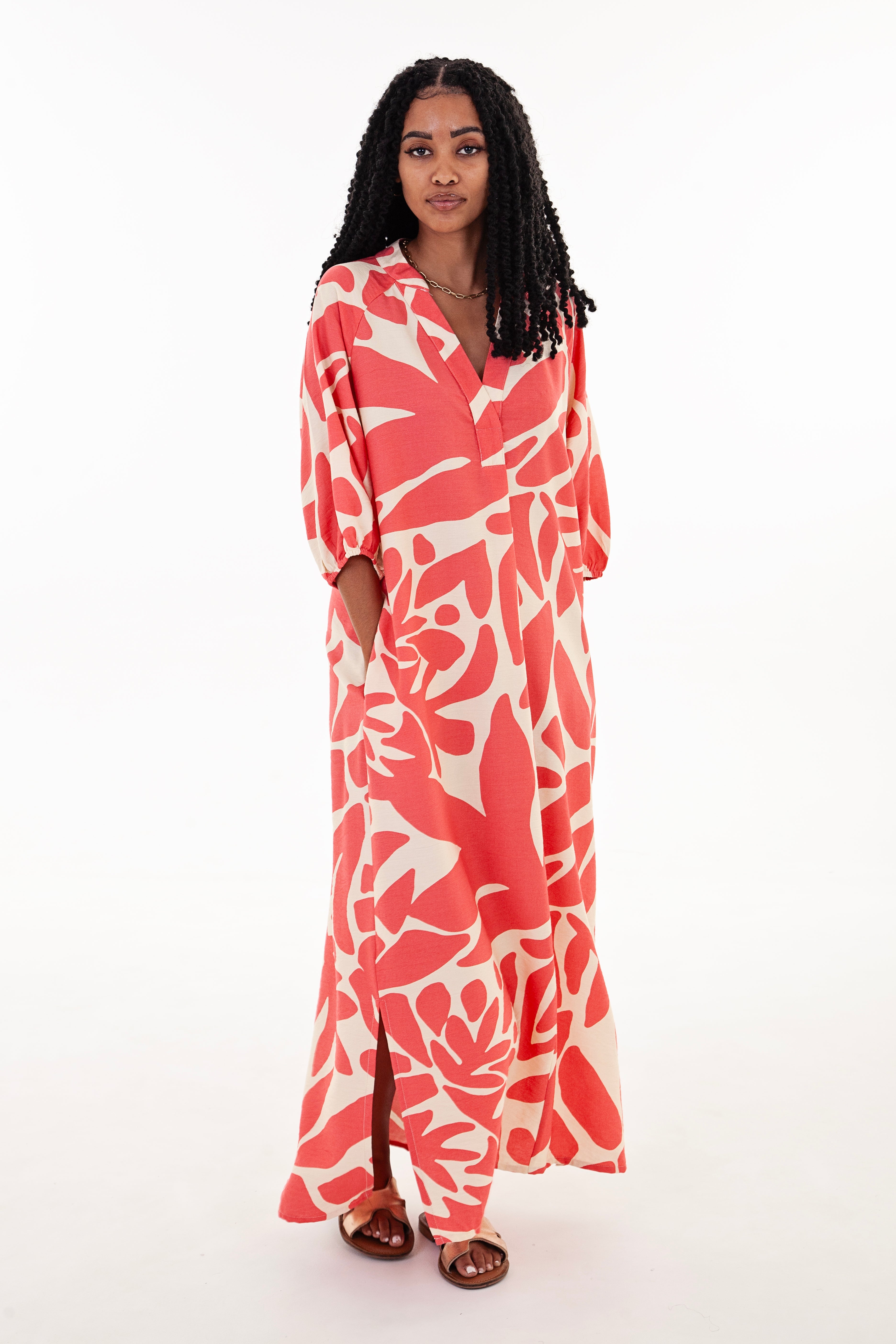 Coral & Cream Abstract Print Tunic Maxi Dress