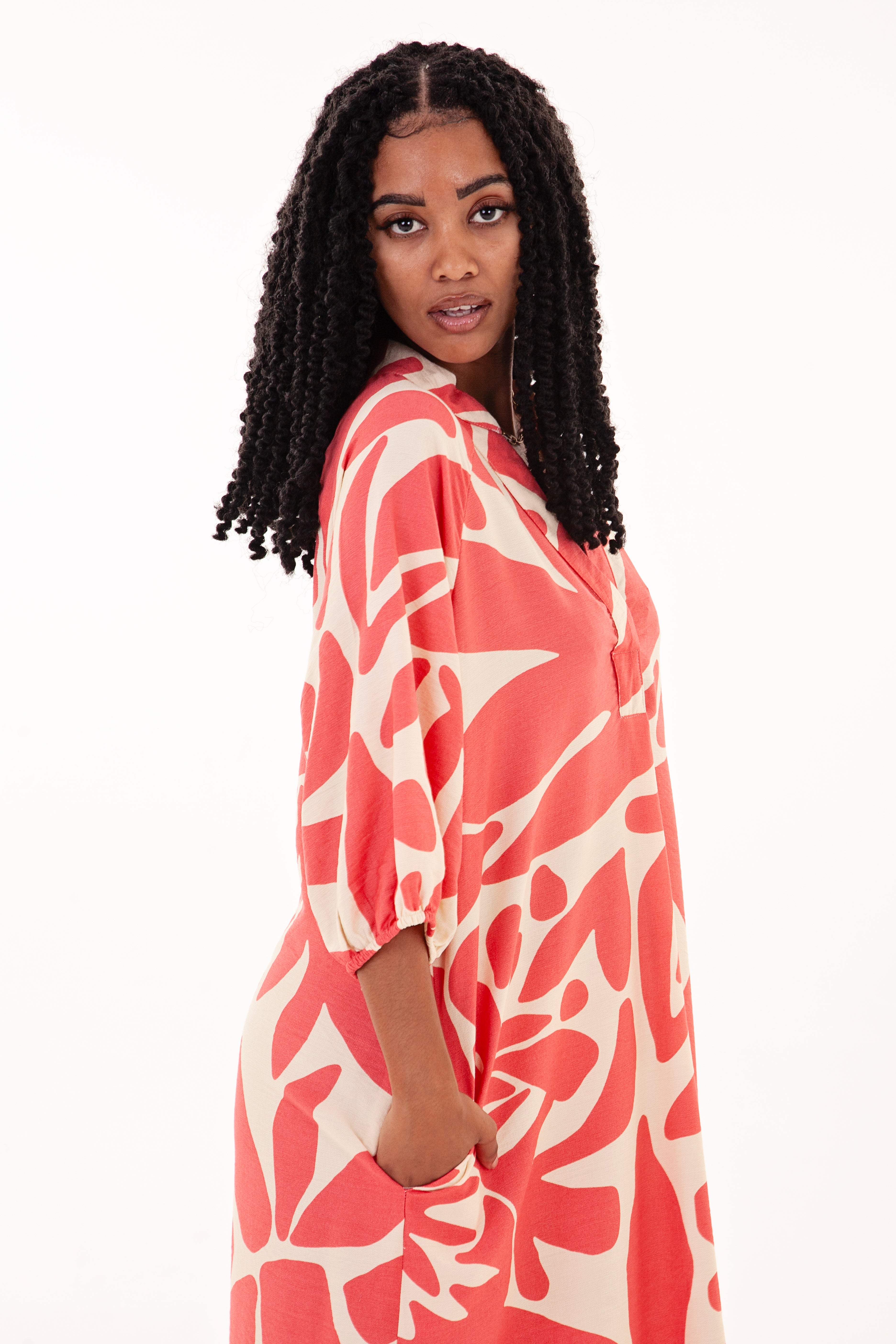 Coral & Cream Abstract Print Tunic Maxi Dress
