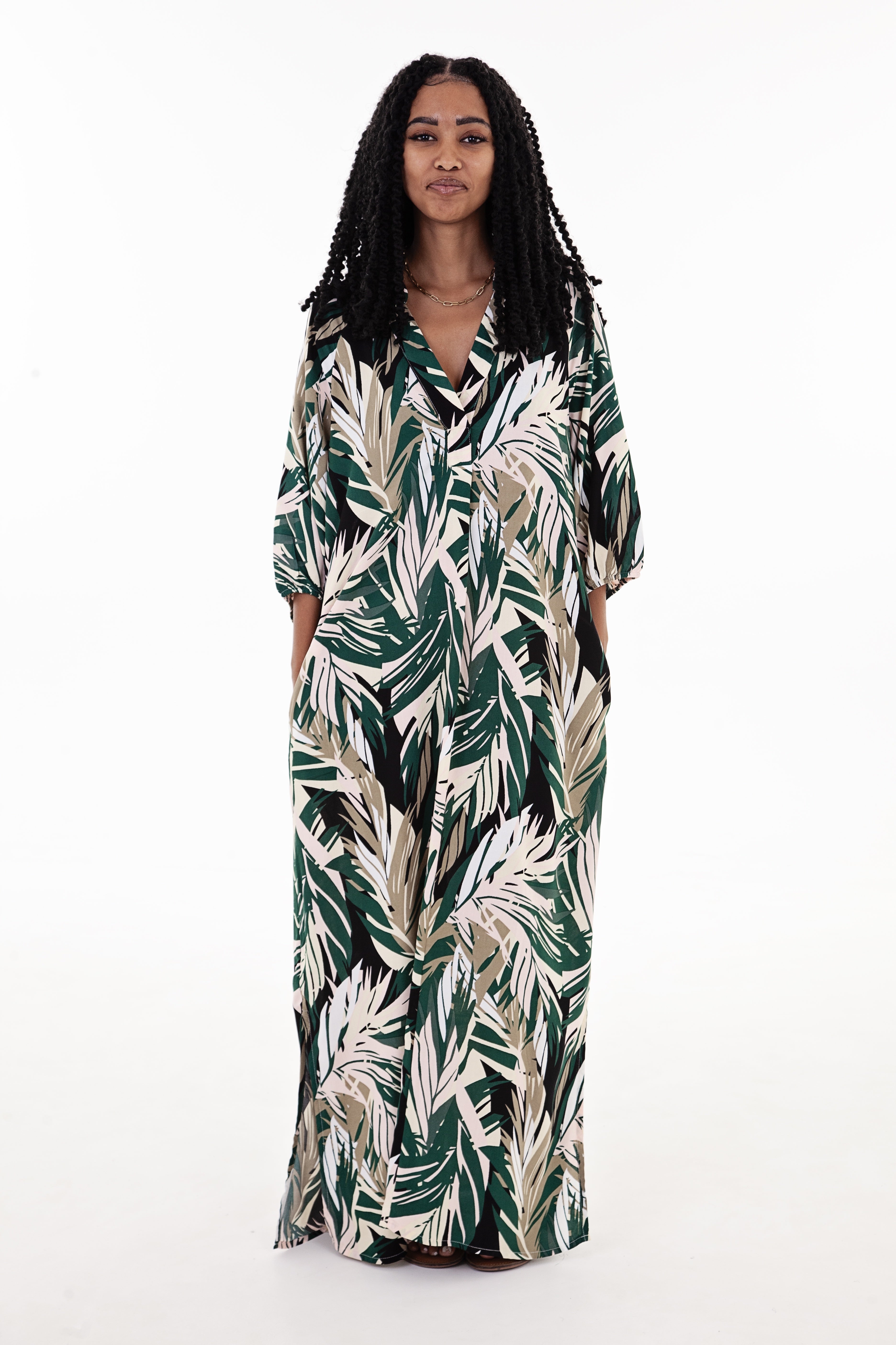 Green , Black & Pink Leaf Print Tunic Maxi Dress