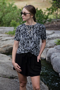 Black & white zebra print knot detail short sleeve T-shirt