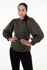Olive Cable Knit Puff Sleeve Top