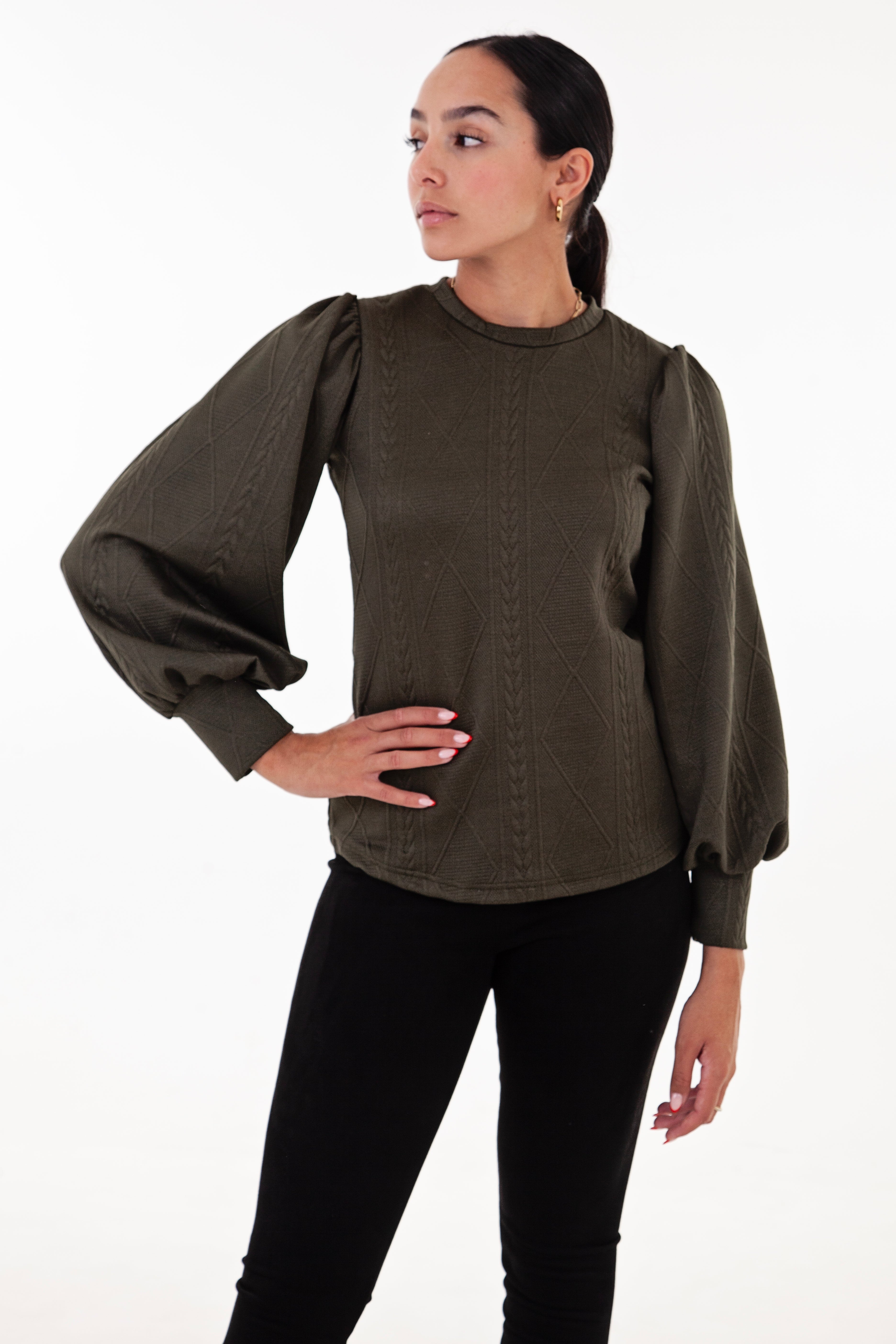 Olive Cable Knit Puff Sleeve Top