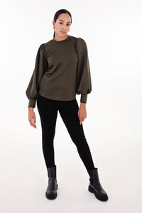 Olive Cable Knit Puff Sleeve Top