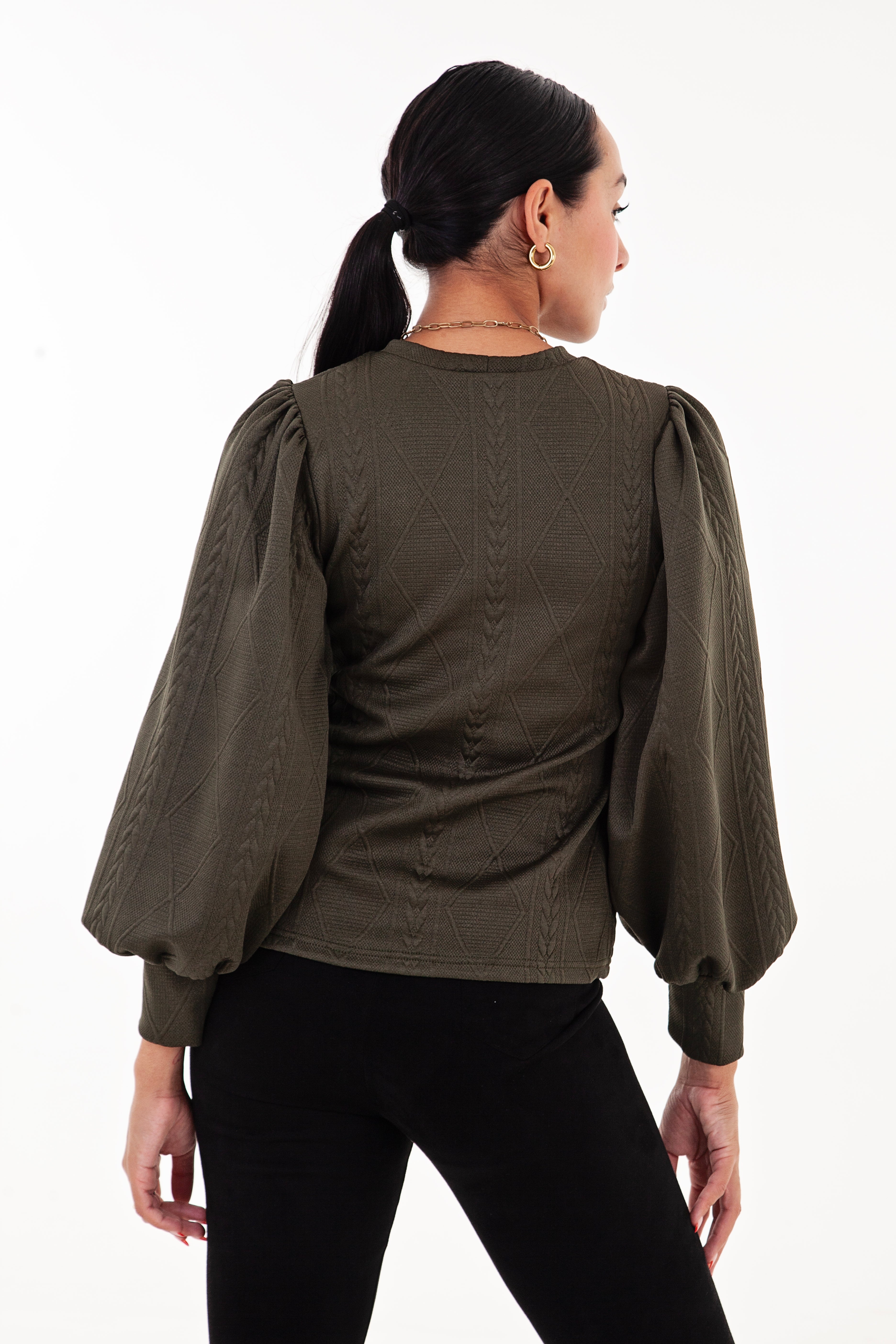 Olive Cable Knit Puff Sleeve Top