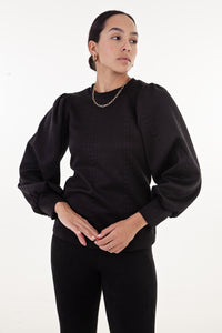 Black Cable Knit Puff Sleeve Top