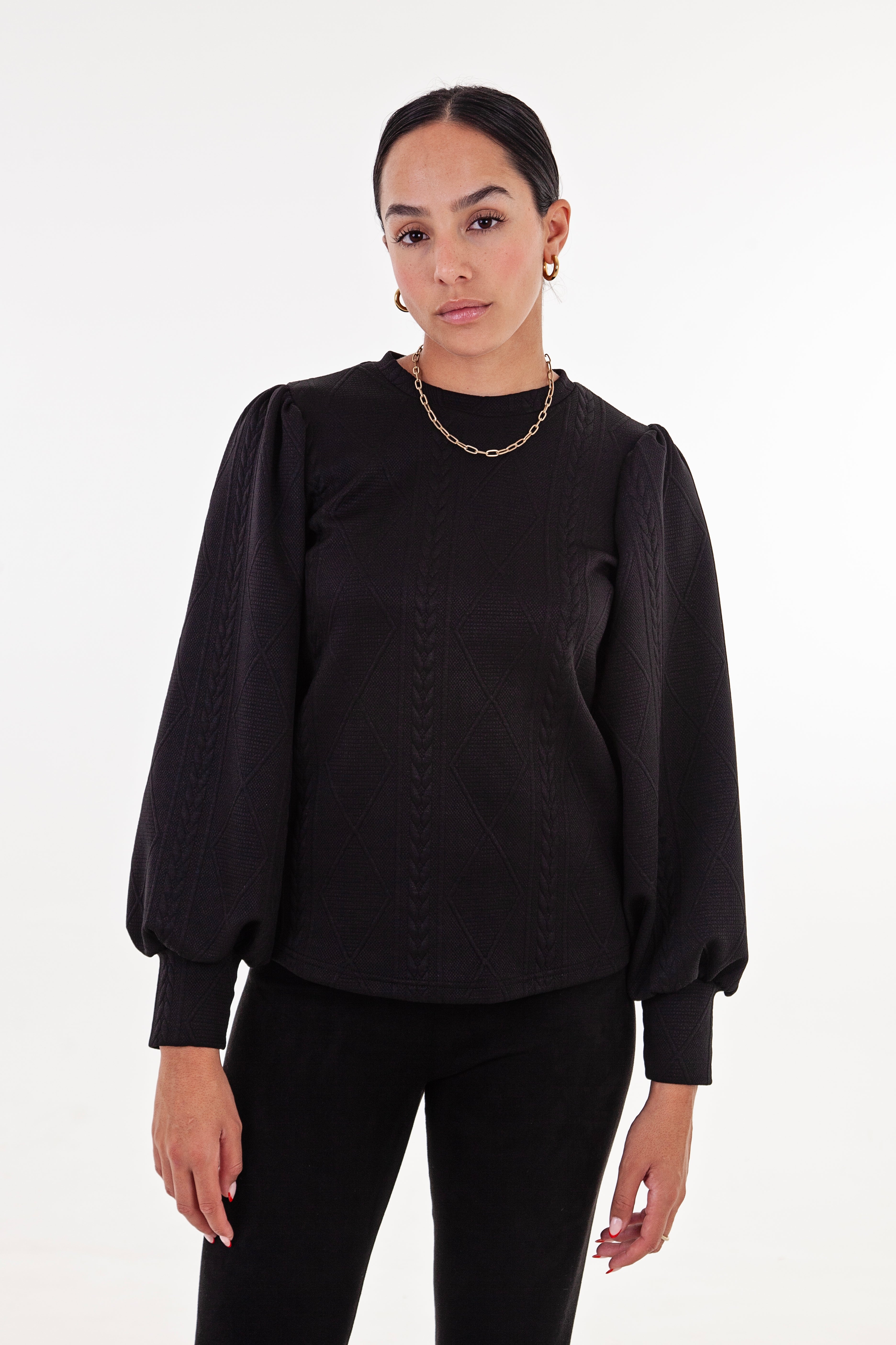 Black Cable Knit Puff Sleeve Top